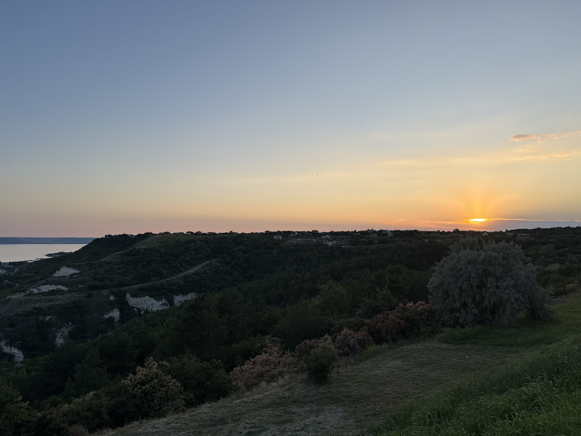 This is a wide-angle, eye-level, outdoor photograph taken at sunset in Topola, Bulgaria. The image captures a panoramic view of rolling, forested hills meeting a body of water on the left, likely the Black Sea. The sky is a gradient of soft blues and oranges, indicating the sun is just below the horizon, casting a warm glow.
In the foreground, a grassy slope descends into a valley dense with dark green trees and shrubs. To the right, a large, silvery-green tree stands prominently on the slope. The middle ground features a winding road cutting through the heavily wooded hills, with clusters of houses visible on the ridge line in the distance. The left side of the image shows a cliff face with exposed white layers, overlooking the tranquil water. The overall atmosphere is serene and natural, with no people or discernible activity.