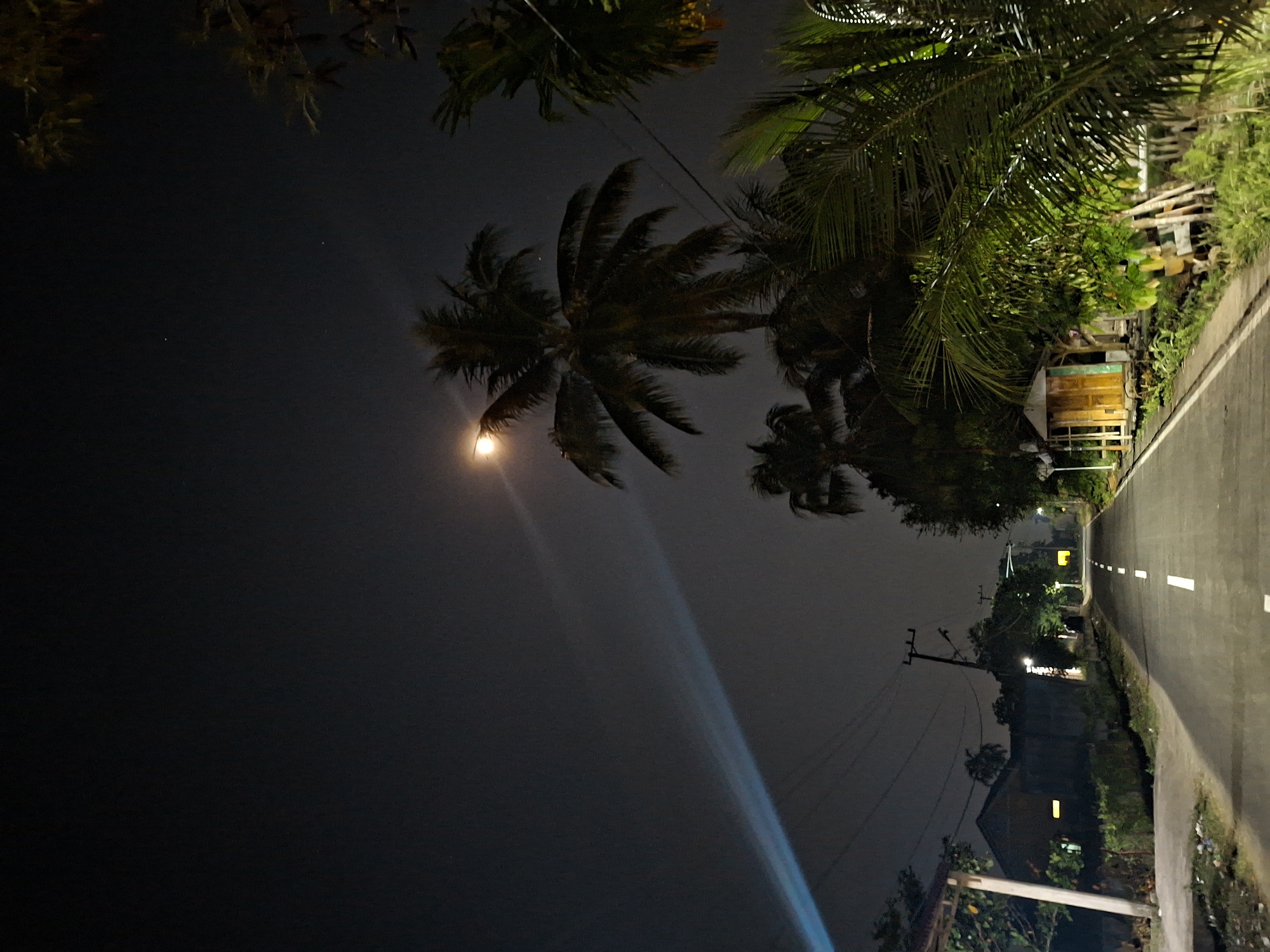 A nighttime scene in Kutaglumpang, Indonesia. The image, rotated counterclockwise, depicts a narrow asphalt road bisected by white painted dashes. To the right of the road, vegetation and a wooden structure are visible, illuminated by streetlights. Overhead, palm trees frame the scene, silhouetted against a dark sky. A bright light, likely the moon, shines through the trees, creating a beam of light extending upwards. Power lines crisscross the sky.