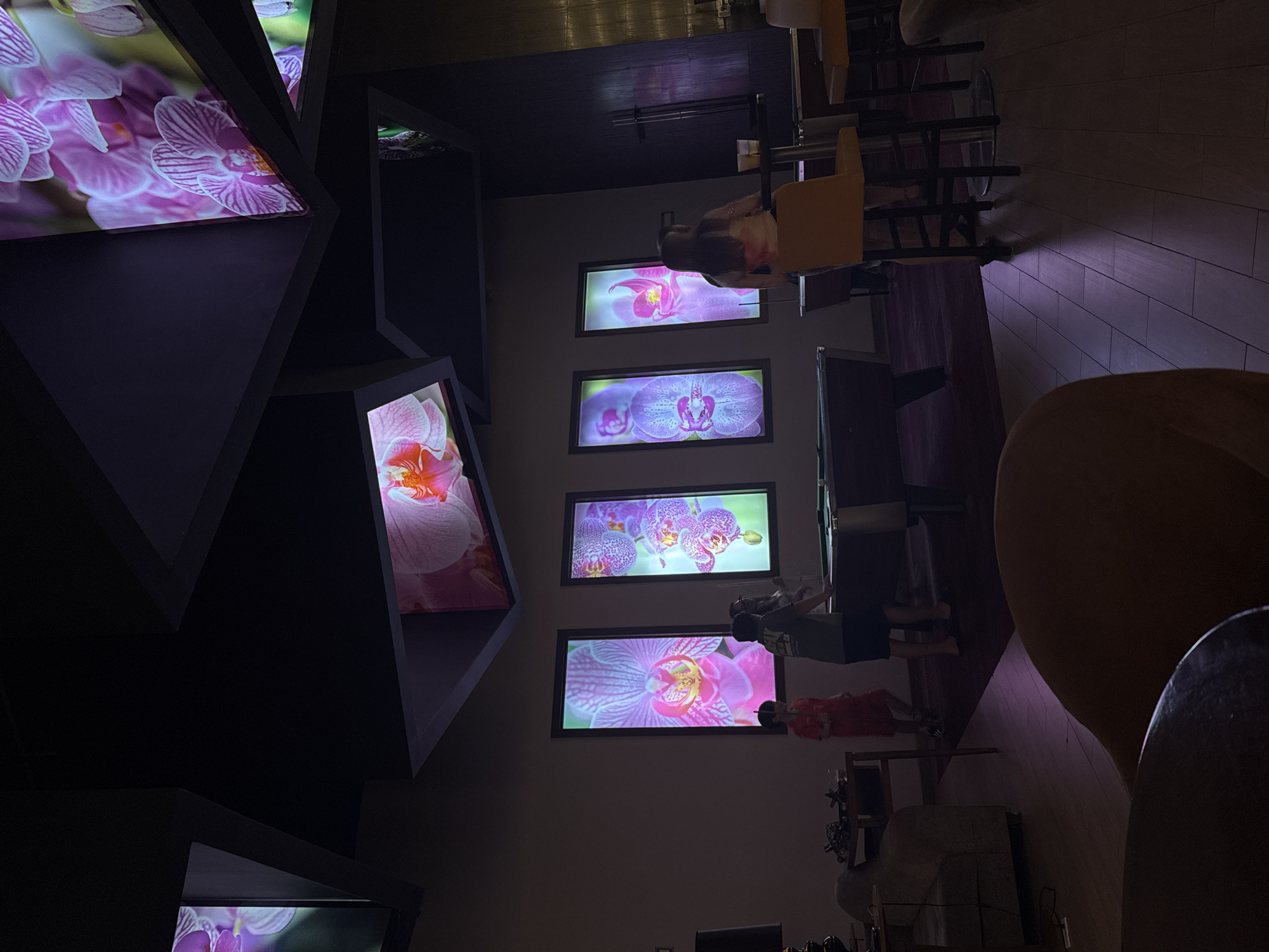The image depicts an interior space, possibly a restaurant or lounge, in Playa del Carmen, Mexico. The wall is adorned with horizontally-oriented rectangular screens displaying images of orchids. The screens are set within geometric, triangular structures that add depth to the wall. There are a few people in the frame, some seated in chairs, others standing. Furniture, including chairs and tables, is scattered around. The overall lighting is subdued, creating a moody atmosphere.