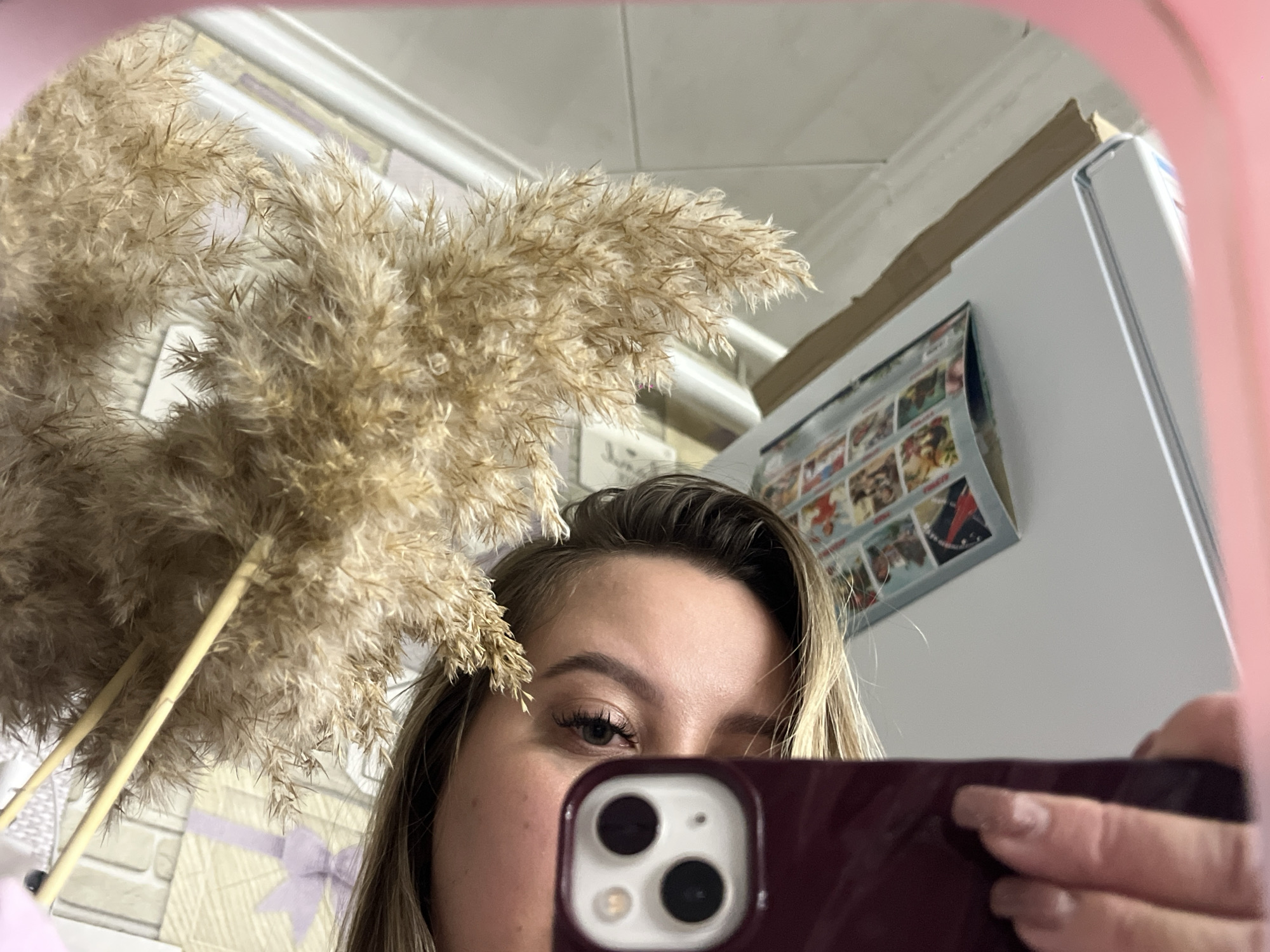 A woman is taking a selfie in a mirror. She is holding a phone with a dark red or burgundy case. In the background, there is what appears to be a refrigerator with magnets or photographs attached. There's also a decorative plant with fluffy, wheat-like plumes. The location information (Port-Katon, Russia) is not discernible from the image itself.