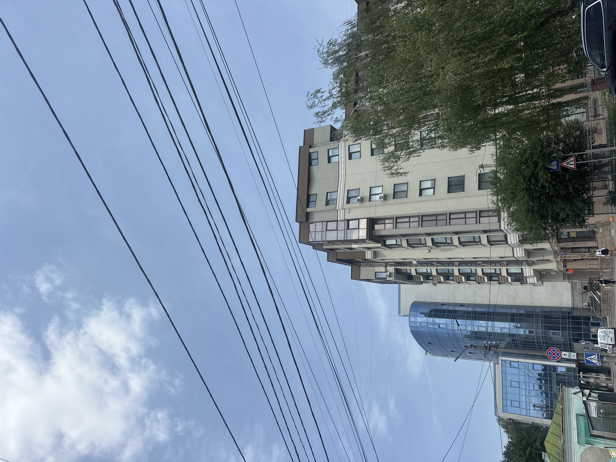 The image shows a street view in Ternopil, Ukraine, on a partly cloudy day. In the foreground, several parallel power lines stretch across the sky. To the right of the frame, a tall, modern apartment building with beige and brown accents dominates the scene, its facade featuring numerous windows and balconies. A large, leafy tree with drooping branches partially obscures the building. To the left, a smaller, more contemporary building with a curved facade of blue glass windows is visible, adjacent to a lower, older building with a green roof. Street signs, including a pedestrian crossing sign and a traffic sign with "100 M", are present. Several cars are parked on the street, and a few people are walking on the sidewalk. The overall impression is of a vibrant urban environment with a mix of architectural styles.