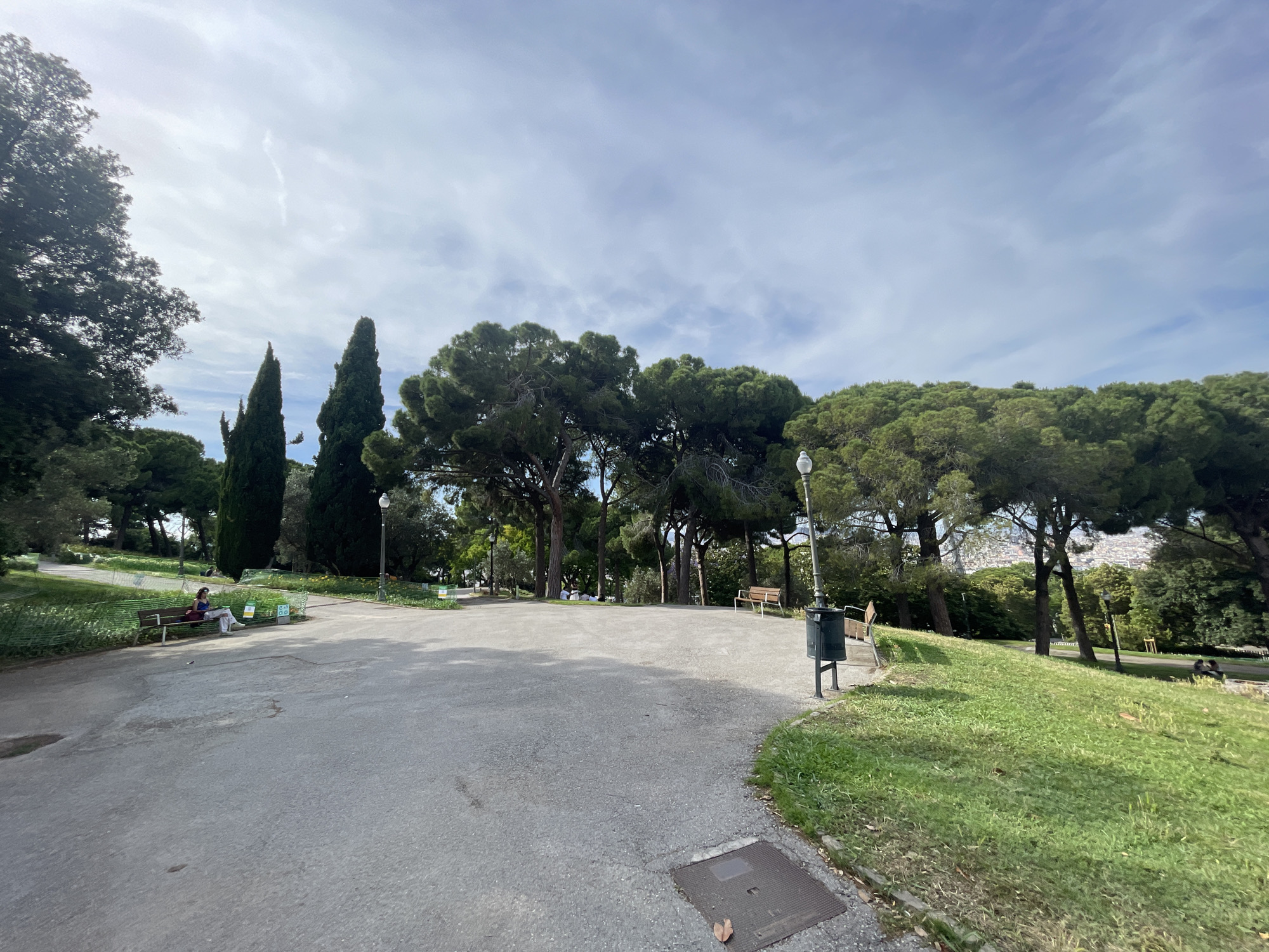 The image displays a wide, paved park pathway on a partly cloudy day within a public park in Barcelona, Spain, providing a distant view of urban structures. The foreground features a grey asphalt or concrete path, showing surface discoloration and minor cracks. A dark, square metal utility cover, with two brown leaves resting upon it, is visible in the bottom right corner of the path, which gently curves to the right and extends into the background.
On the left side of the path, a single individual is seated on a brown wooden park bench. This person, appearing female, is dressed in a dark top, light-colored trousers, and a dark head covering or mask, looking downwards at an object in their lap. Behind this bench, a grassy area with low vegetation is demarcated by a green plastic mesh fence, to which several small, light-colored signs are attached. Further to the left, tall, slender conifer-like trees and broad-leafed trees line the pathway.
To the right of the path, a grassy slope ascends, featuring varying shades of green. A dark green metal trash receptacle on a pole is positioned next to the path at the base of this slope. Another brown wooden park bench is visible further up the slope on the right side. The midground and background on the right are densely vegetated with numerous pine-like trees, characterized by their full, rounded canopies. Through gaps in the trees on the far right, a cityscape with various buildings is faintly discernible.
The overall background consists of dense foliage from various tree species, forming a canopy that partially obscures the horizon. The sky above is light blue with scattered, thin, white and grey cloud formations, including faint wisps. At least two classic-style lampposts with white globes are present: one prominently on the right side of the path and another further back on the left.