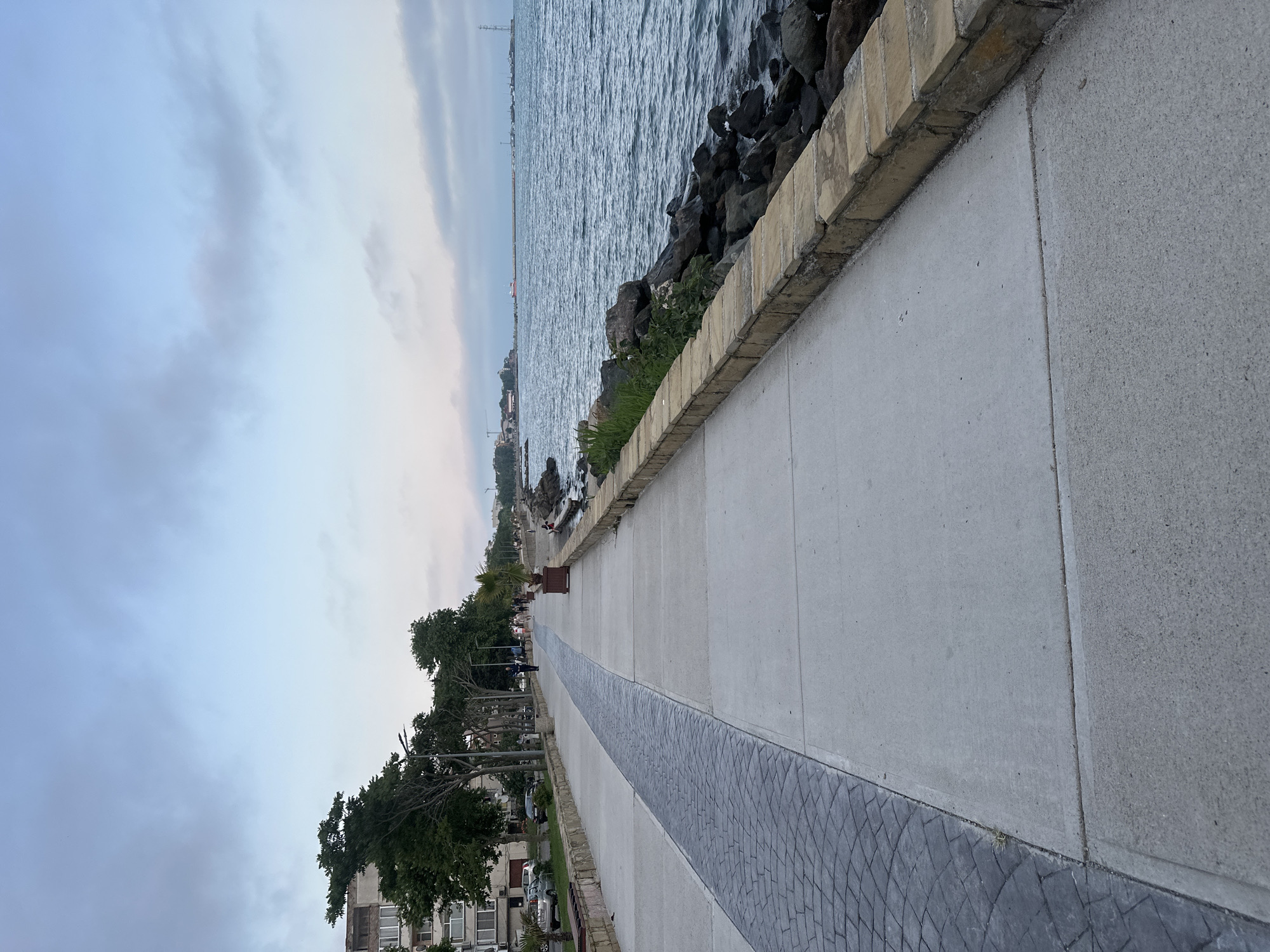 A wide-angle, eye-level photograph depicts a seaside promenade under an overcast sky, likely in late afternoon or early evening. The paved walkway extends into the distance, running parallel to the water. The landward side of the promenade features a dark grey, stamped concrete section resembling cobblestones, bordered by a smooth, light grey concrete path. Several people are walking along the promenade.
To the left, behind the path, is a row of mature trees with dense green foliage, obscuring much of the multi-story residential buildings behind them. Glimpses of building facades, balconies, and parked cars are visible. Streetlights and some potted palm plants are interspersed along this side of the path.
To the right, the promenade is bordered by a low sea wall constructed of light-colored, rectangular stone or concrete blocks. Beyond this wall, a rocky shore composed of large, dark grey boulders slopes down to the dark blue-grey sea. Small waves are visible on the water's surface. In the distant background, a long pier or breakwater extends into the water, with several structures, including what appears to be a red cargo ship, other vessels, and a tall communication mast, visible along the horizon line. The overall lighting is soft and diffused, creating a calm atmosphere.