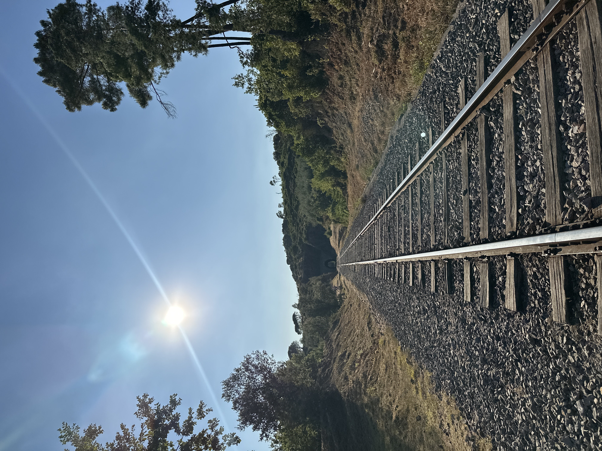 The image depicts a straight railway track extending into the distance, flanked by dry grass and lush green trees under a clear blue sky. The sun is positioned high in the sky, casting a bright glare and lens flare on the left side of the frame. The railway is composed of dark gravel ballast and wooden sleepers, with metal rails running parallel. On the horizon, a tunnel entrance is visible, framed by dense vegetation. The overall scene suggests a rural or natural setting in Générargues, France, likely during a sunny day. There are no people or animals visible in the image.