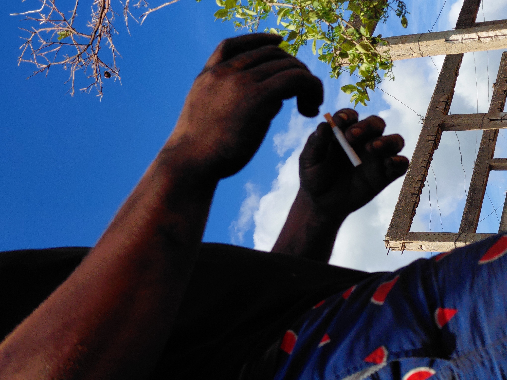 An outdoor, low-angle shot shows a person's hands holding a cigarette, with a blue sky and white clouds in the background. The person is wearing blue shorts with a red watermelon pattern. In the middle ground, there is a concrete structure that appears to be under construction, with exposed rebar. To the right, a leafy green tree branch extends into the frame. The image is not identifiable as being located in Santa Ana, Venezuela.
