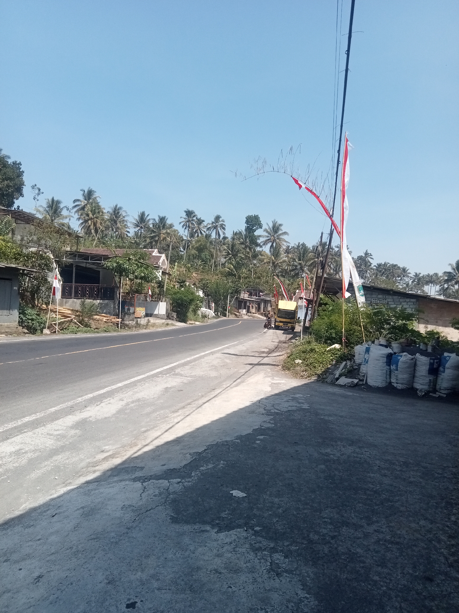 The image depicts a road in Tlogosari, Indonesia, under a clear blue sky. On the left side of the road, there are several houses and palm trees. A yellow truck is parked on the side of the road, near some buildings. In the foreground on the right, there are several large white sacks stacked up. A tall pole with red and white flags attached is visible on the right side of the image, with wires extending from it. The road is paved and has white lines marking the lanes. Shadows from the pole and trees are cast across the road and the ground. The environment appears to be rural or semi-rural, with lush vegetation and a tropical feel.
