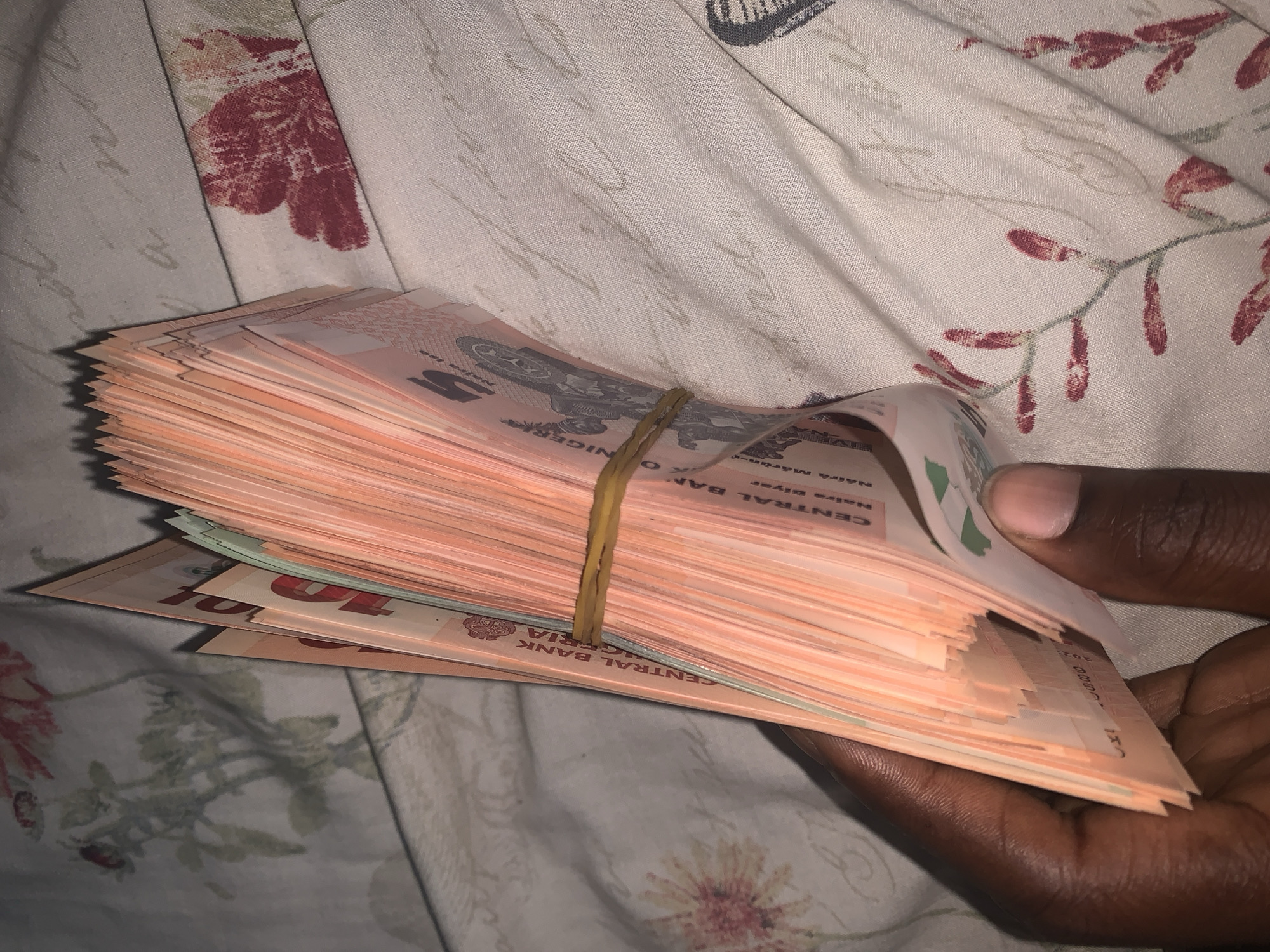 The image shows a close-up of a stack of Nigerian Naira banknotes held by a person's hand. The banknotes are mostly pinkish-orange, with some appearing to be green underneath. They are bound together by a yellow rubber band. The hand holding the money is dark-skinned. The background is a fabric with a floral pattern, featuring red and green flowers. The lighting suggests an indoor setting, possibly during the day.
Visible text on the banknotes includes "CENTRAL BANK OF NIGERIA" and "NAIRA". Some denominations are partially visible, such as "10" and "5". The overall impression is of a substantial amount of cash being handled.