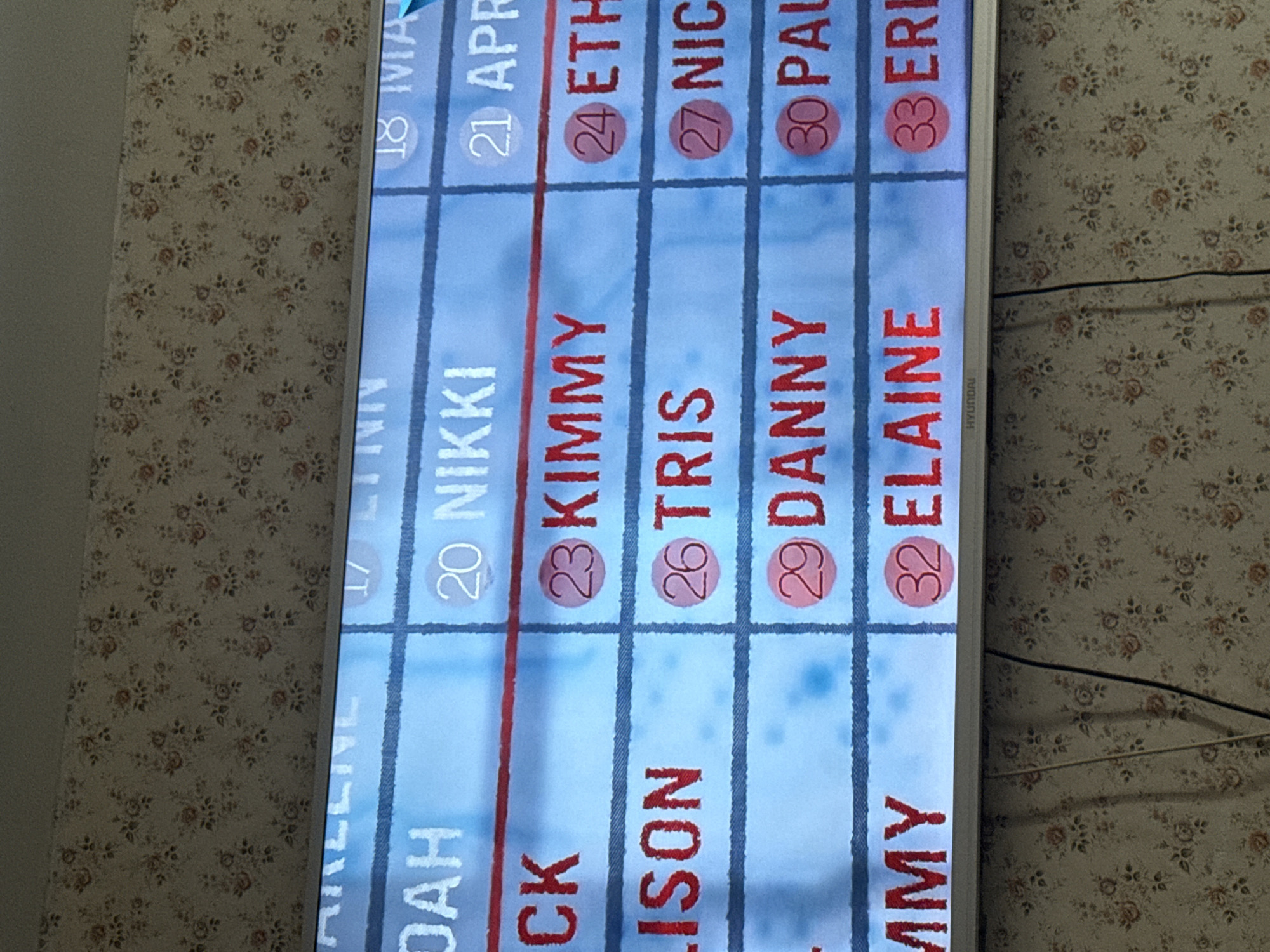 The image shows a close-up view of a television screen displaying a grid or chart with names and numbers, possibly a lottery, bingo, or other similar game. The grid consists of columns and rows with red lines marking the divisions. Each cell contains a name written in red capital letters, with a number above it, either white on a red circle or in white. Some of the names visible are NOAH, NIKKI, KIMMY, TRIS, DANNY, ELAINE, ETH, NIC, PAUL, and ERI. The numbers associated with these names include 18, 20, 21, 23, 24, 26, 27, 29, 30, 32, and 33. The television screen is framed by a white bezel. The background behind the television shows a wall covered with wallpaper featuring a floral pattern. There is also a visible power cord running down the wall. The brand "HYUNDAI" is visible on the television. The image does not provide any information about the location in the city of Mytishchi, Russia.