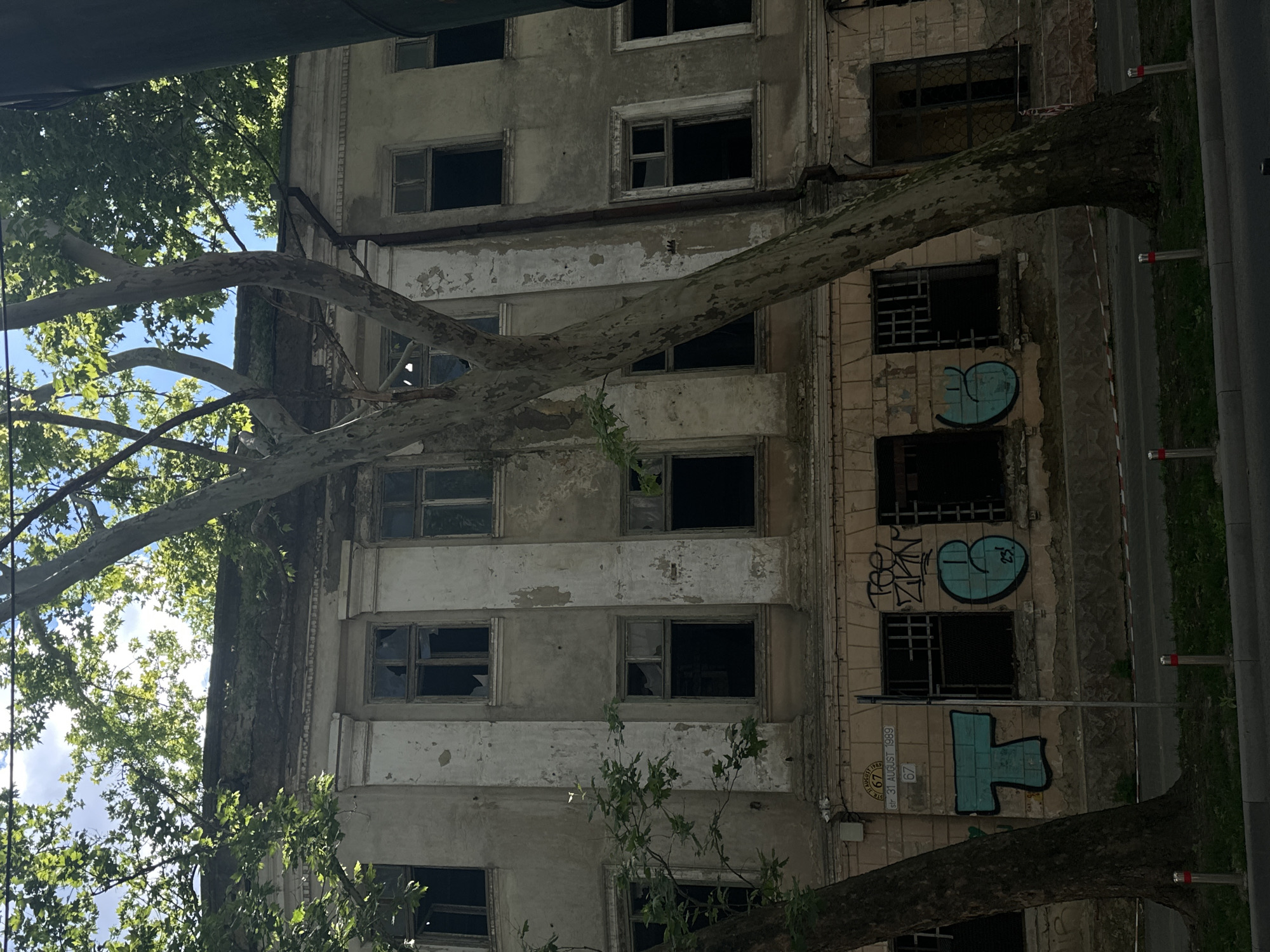 The image shows an abandoned, multi-story building with a crumbling facade. The windows are broken or boarded up, and the paint is peeling. Graffiti adorns the lower part of the building. Trees with green leaves obscure parts of the upper floors and the roof. The building is situated on a street with a sidewalk and some traffic bollards. A sign on the building reads "str. 31 AUGUST 1989 67". This indicates the location is Chișinău, Moldova, specifically on 31 August 1989 Street, number 67.
