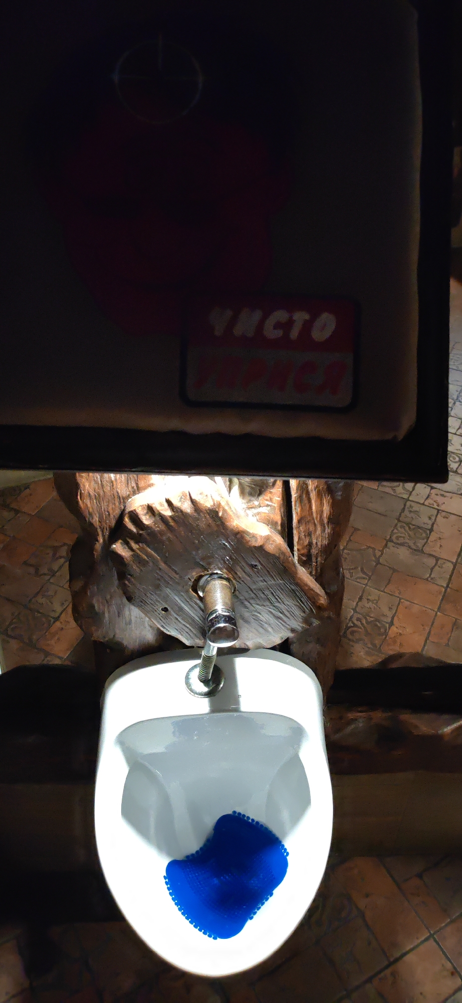 The image shows a urinal in a public restroom. The urinal is white and ceramic, with a blue mat inside. Above the urinal is a wooden structure that appears to be part of the building's architecture, and a sign with Cyrillic text that reads "ЧИСТО ВСЕГДА" which translates to "ALWAYS CLEAN". The floor is tiled with a pattern of brown and beige squares. The lighting is dim, with a bright light source illuminating the urinal from above. This image was taken in Homyel, Belarus.