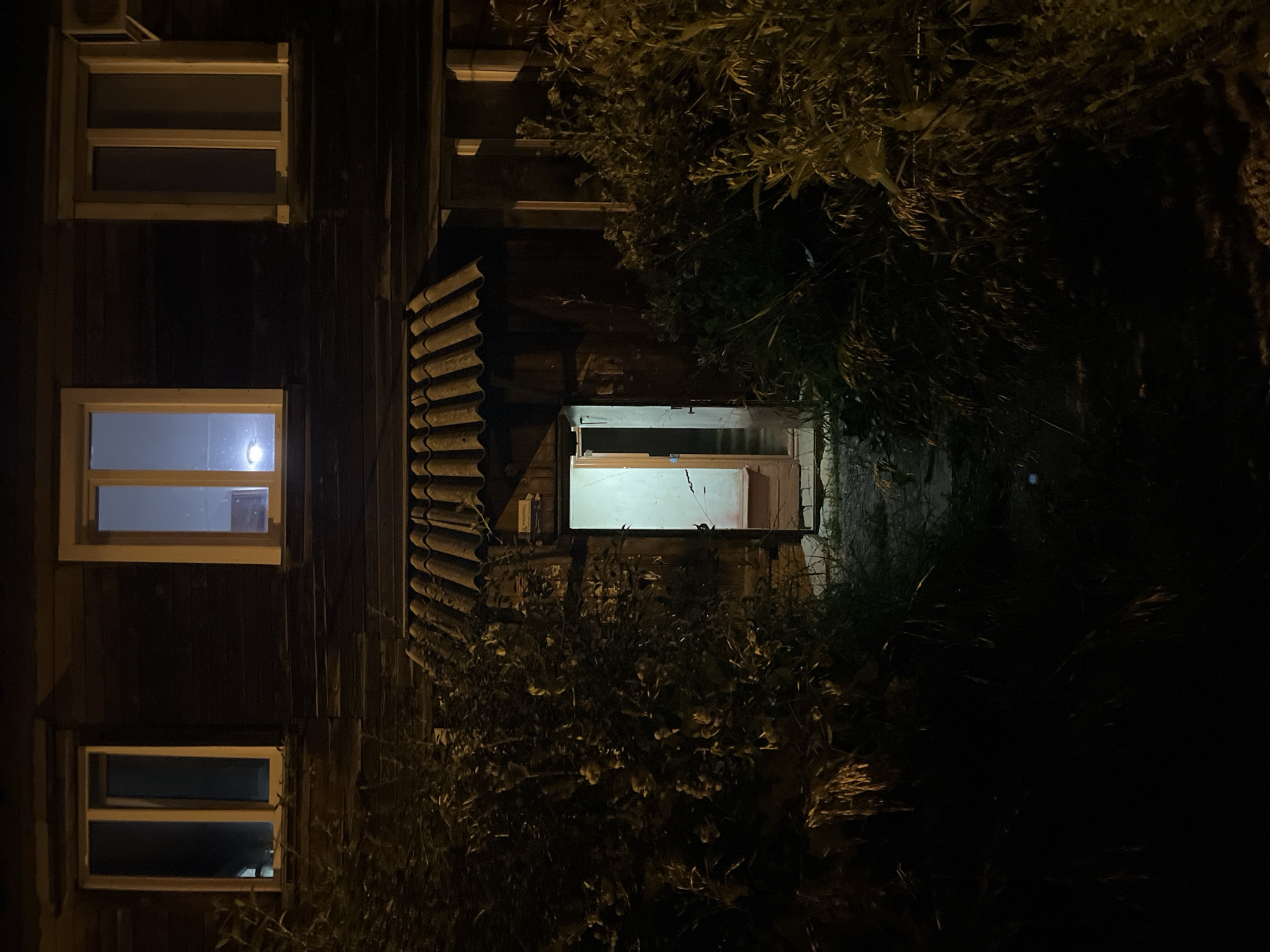 The image captures the exterior of a dark, wooden residential building at night, likely in Divnogorsk, Russia. The building has at least three windows visible on the upper floor, two of which are lit from within. The central window on the upper floor emits a bright, cool light, while the window to its left is also lit, albeit less intensely. The window on the far right is dark.
Below the windows, a dark, corrugated roof structure juts out over an open doorway. The doorway is illuminated by a warm light emanating from inside, revealing a partially visible interior with what appears to be a wooden doorframe. The entrance is flanked by dense, dark foliage on both the left and right sides, partially obscuring the view of the building's lower section and the immediate surroundings. The ground in front of the doorway appears to be a path of dark soil or gravel. The overall atmosphere is one of quietness and a hint of mystery, characteristic of a residential area at night.