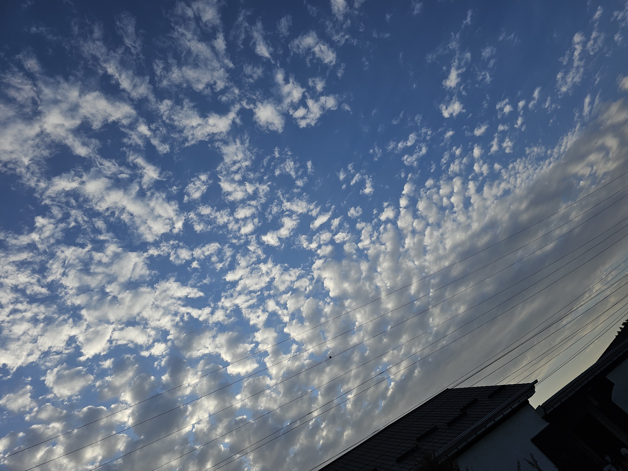 The image displays a wide-angle view of the sky with scattered clouds. A portion of a building, silhouetted against the sky, is visible on the left side of the frame. Multiple power lines are diagonally stretched across the sky. The sky is predominantly blue with patches of white and gray clouds. The scene appears to be an outdoor urban or suburban setting in Özgön, Kyrgyzstan, judging by the architecture and the presence of power lines. No people are visible in the image. The lighting suggests it is daytime, likely late afternoon or early morning given the angle of the light.