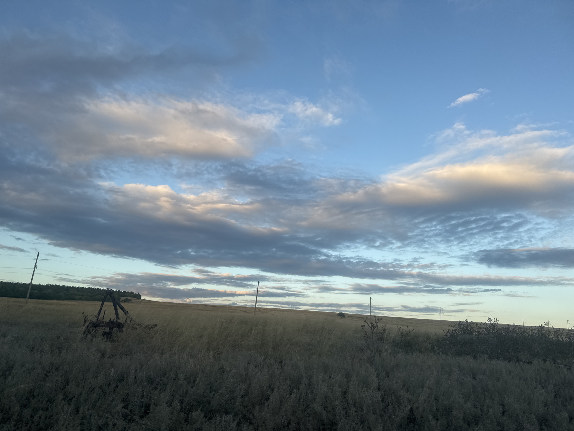 The image depicts an overcast sky over a dry, grassy field with some scattered brush and trees in the distance. The sky is a mix of blue and grey clouds, with some patches of light shining through. There are several utility poles visible in the field, with wires running between them. In the foreground, there is some agricultural equipment or debris. The scene appears to be in a rural area, likely outside the city of Vasilyevka, Russia, given the landscape and the presence of utility infrastructure. The overall impression is one of a somber, late afternoon or early evening atmosphere.
