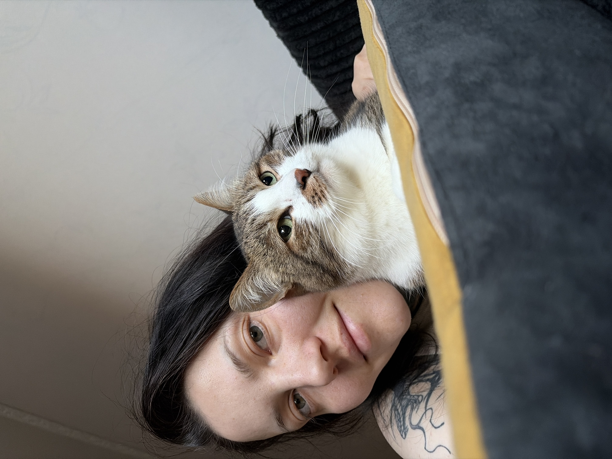 A woman with dark hair and a light complexion is holding a brown and white cat. The cat is looking upwards. The woman is also looking upwards, but slightly to the left of the cat. The woman has a tattoo on her left shoulder. There is a dark grey material with a yellow zipper in the upper right of the image. The image is taken from a low angle, looking up at the subjects. The background is a plain, light-colored wall. The city of Chaikovsky, Russia, cannot be confirmed as the location based on the provided image.