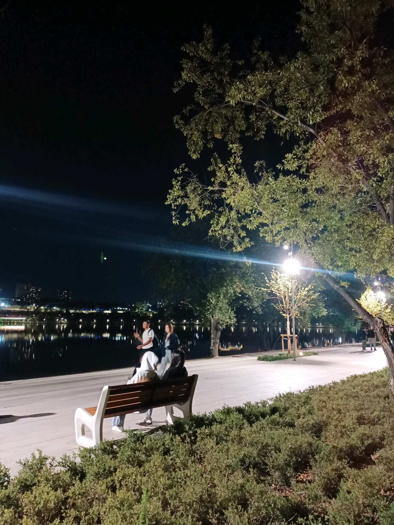 An outdoor night scene shows a waterfront promenade in an urban setting. A dark body of water, likely a lake or river, reflects the lights of buildings and trees lining the opposite shore. In the foreground, a paved walkway runs alongside the water, bordered by lush green bushes. A modern park bench with a white frame and wooden slats sits on the walkway, occupied by at least two individuals facing away from the camera. Further down the walkway, other people are visible walking and standing, illuminated by streetlights and the ambient glow from the city. Tall trees with leafy branches are scattered throughout the scene, with one large tree prominently featured in the right foreground. A beam of light cuts across the dark night sky from left to right.