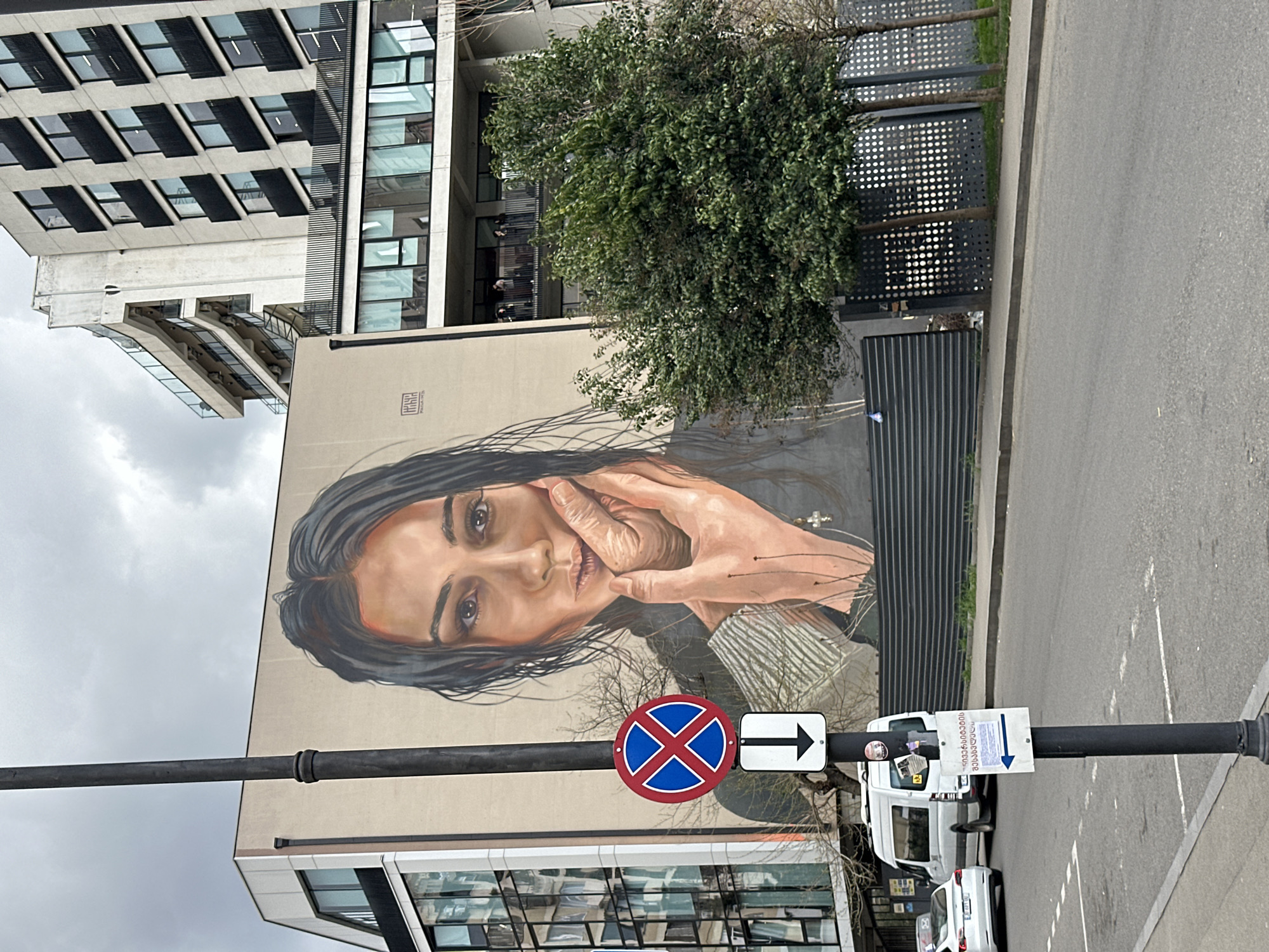 A street view in Tbilisi, Georgia, features a mural of a woman's face painted on the side of a modern building. The woman has dark hair and is depicted with her hand near her face. A no-parking sign with an arrow pointing right is affixed to a black pole in the foreground, partially obscuring the lower part of the mural. Beyond the pole and sign, a white van and a white car are parked along the curb. A tree stands near the building, partially concealing the mural. The building features a glass facade on the lower levels and residential apartments on the upper floors. The sky is overcast.