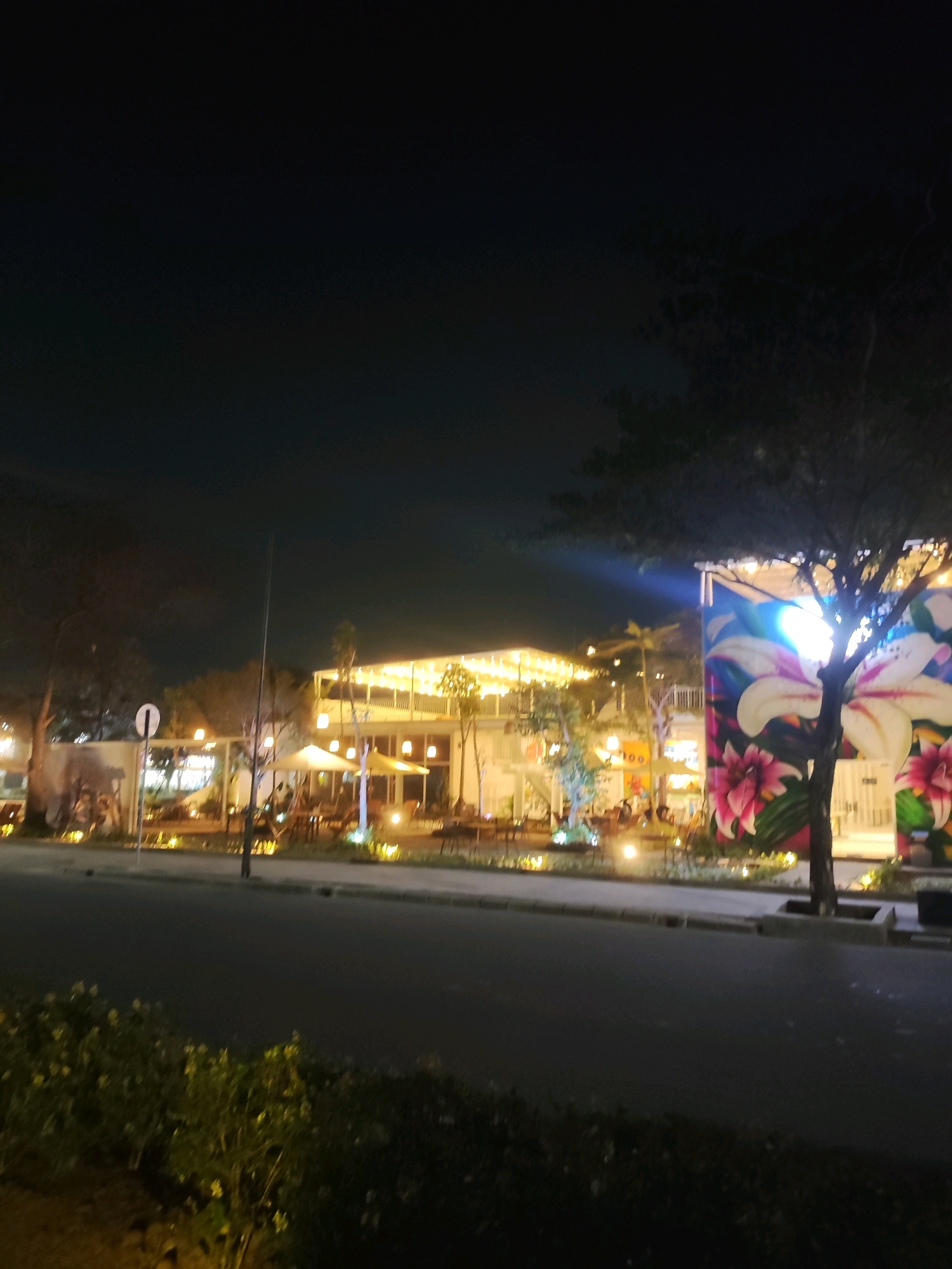 The image depicts a nighttime scene in Telagaasih, Indonesia, focusing on a brightly lit building complex with an outdoor seating area. The building features a prominent mural with large floral designs, predominantly lilies, in vibrant pinks and whites against a blue background. String lights illuminate the building's facade and the outdoor seating area, where tables and chairs are visible, suggesting it is a restaurant or cafe. Several trees are present, one notably in the foreground with dark foliage silhouetted against the building's lights. The street in front of the building is dark, with a patch of green foliage in the lower foreground. The sky is dark, indicating it is nighttime. The overall impression is of a lively commercial area after dark, with an emphasis on outdoor dining and decorative illumination.