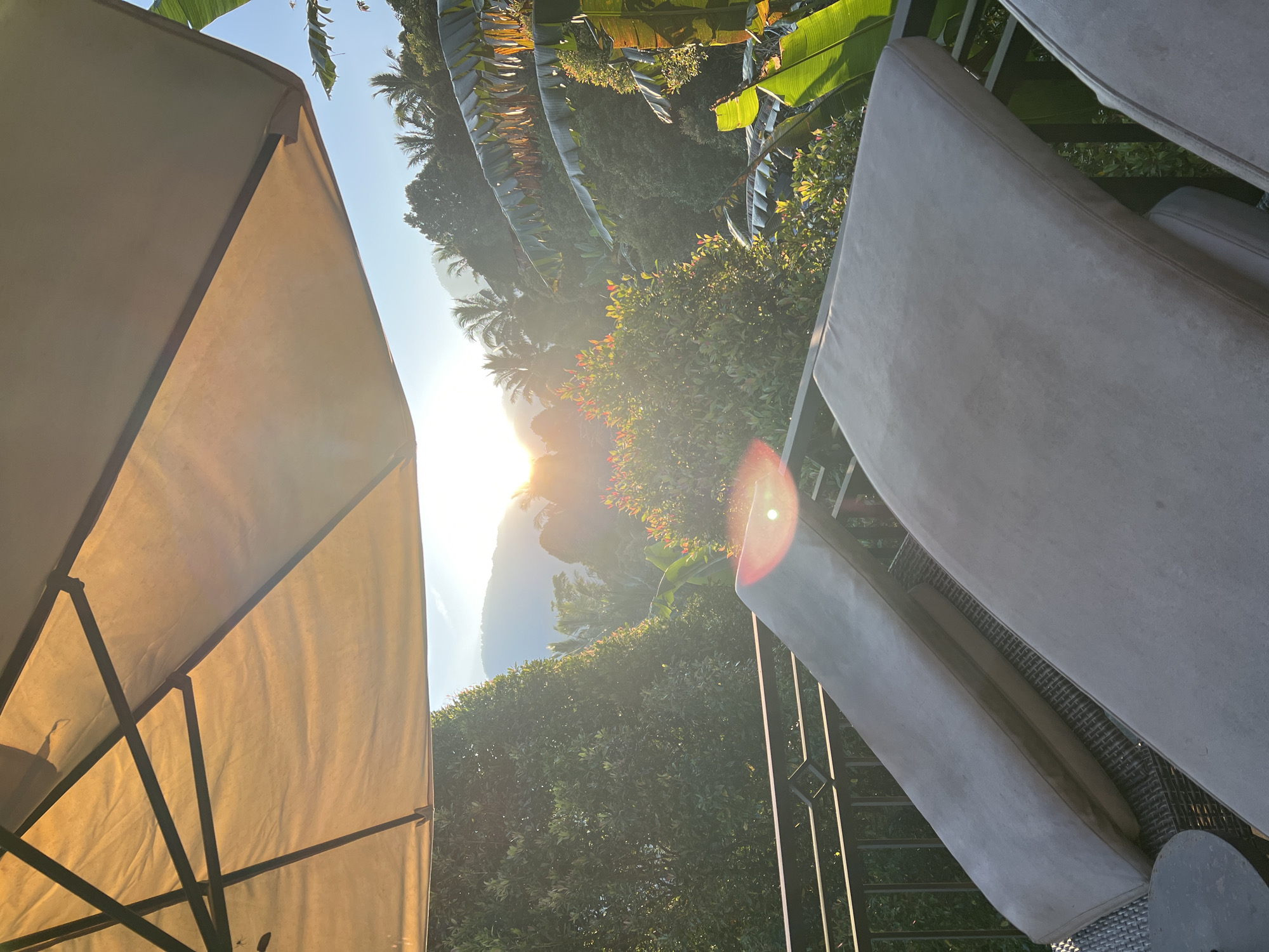 The photograph depicts an outdoor scene, likely taken from a balcony or patio, in an unspecified location in Indonesia. The view is partially obscured by elements of the immediate setting. On the left, a portion of a tan-colored sun umbrella is visible, its frame casting shadows on the fabric. To the right, part of a patio lounge chair with light gray cushions is present.
The background features a view of lush tropical vegetation, including banana trees, palm trees, and dense shrubbery. Sunlight filters through the foliage, creating a strong glare and lens flare. In the distance, a mountain or large hill can be seen, silhouetted against the bright sky.
No people are visible in the image. The scene appears calm and undisturbed, suggesting a moment of leisure or relaxation.