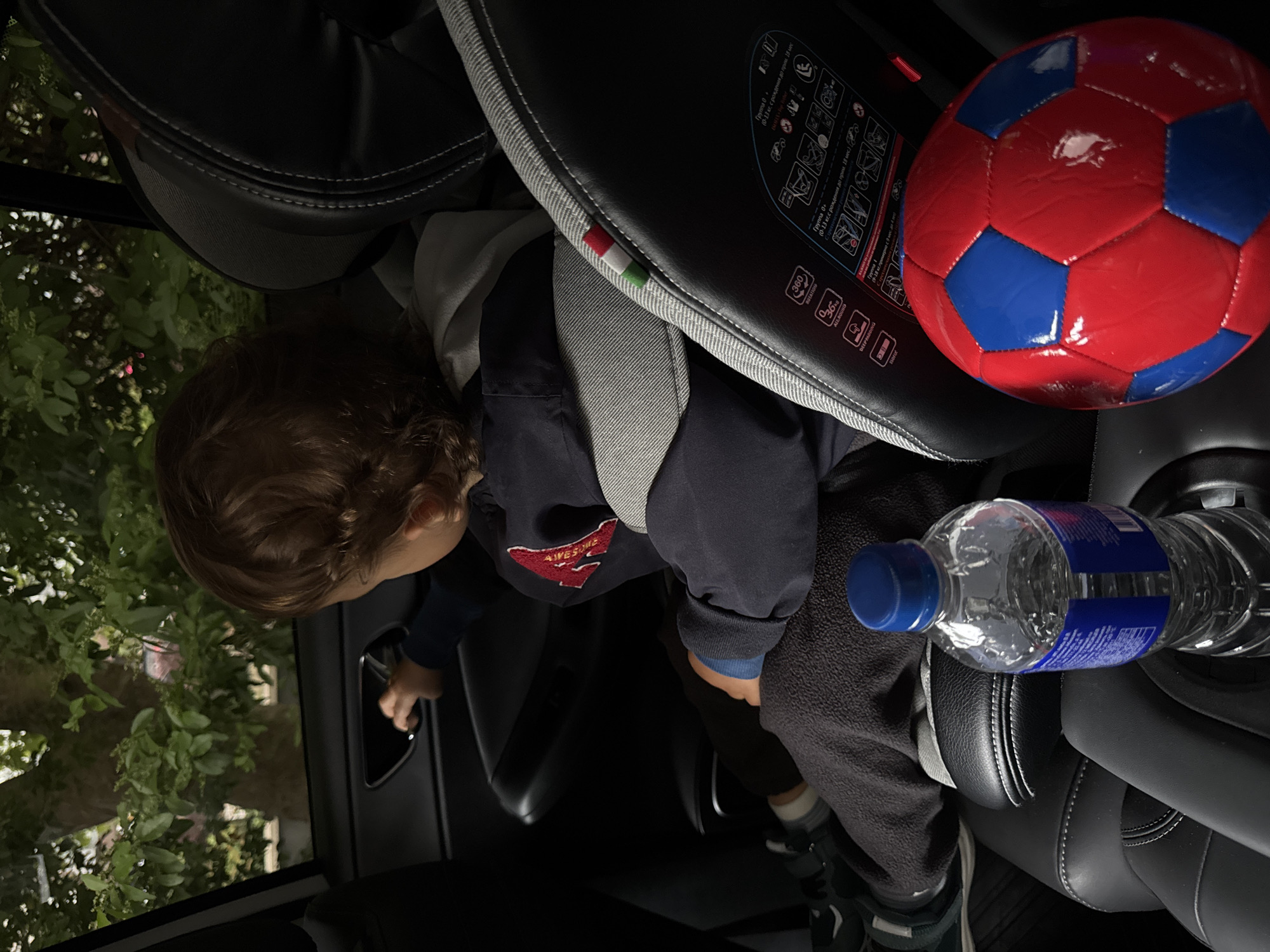 A young child, buckled into a black car seat with a gray strap, appears to be reaching for the car door handle. The child has curly brown hair and is wearing a navy blue shirt with a red graphic, a gray hoodie, and dark gray pants with sneakers visible near the bottom. To the right of the child is a red and blue soccer ball and a plastic water bottle. Outside the car window, green trees and foliage are visible. Text and icons are on the side of the car seat. There is no other information about location in Sochi, Russia.