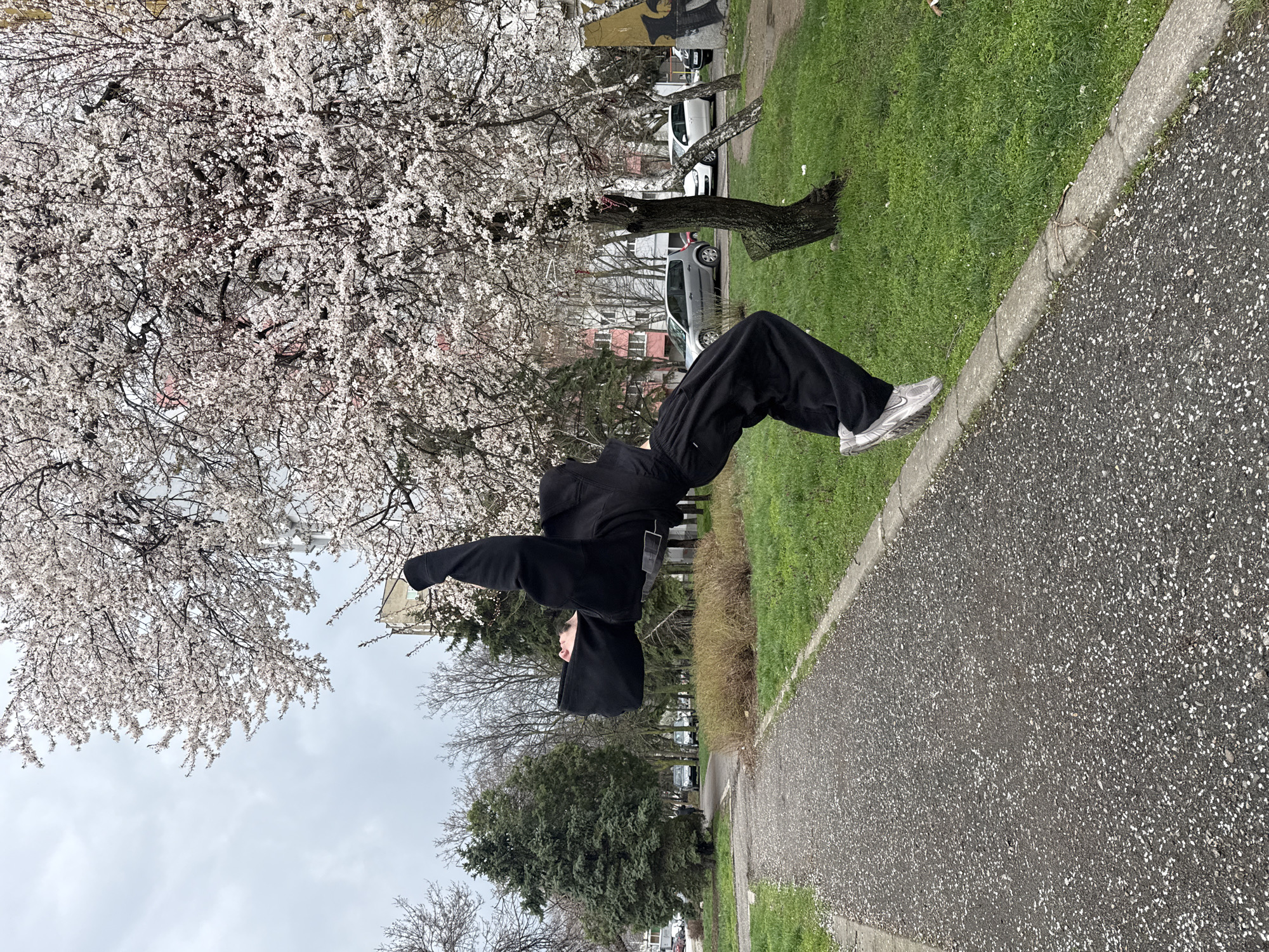 The image shows a person in black clothing, including a hooded sweatshirt and pants, performing a backbend on a sidewalk in what appears to be an urban park. The person's feet are on the sidewalk edge while their hands are obscured within the black clothing. To the left is a blossoming tree with white flowers. In the background, several cars are parked along the street and buildings are visible. The sky is overcast. Based on details of the scene, this location is within the city of Shumen, Bulgaria.