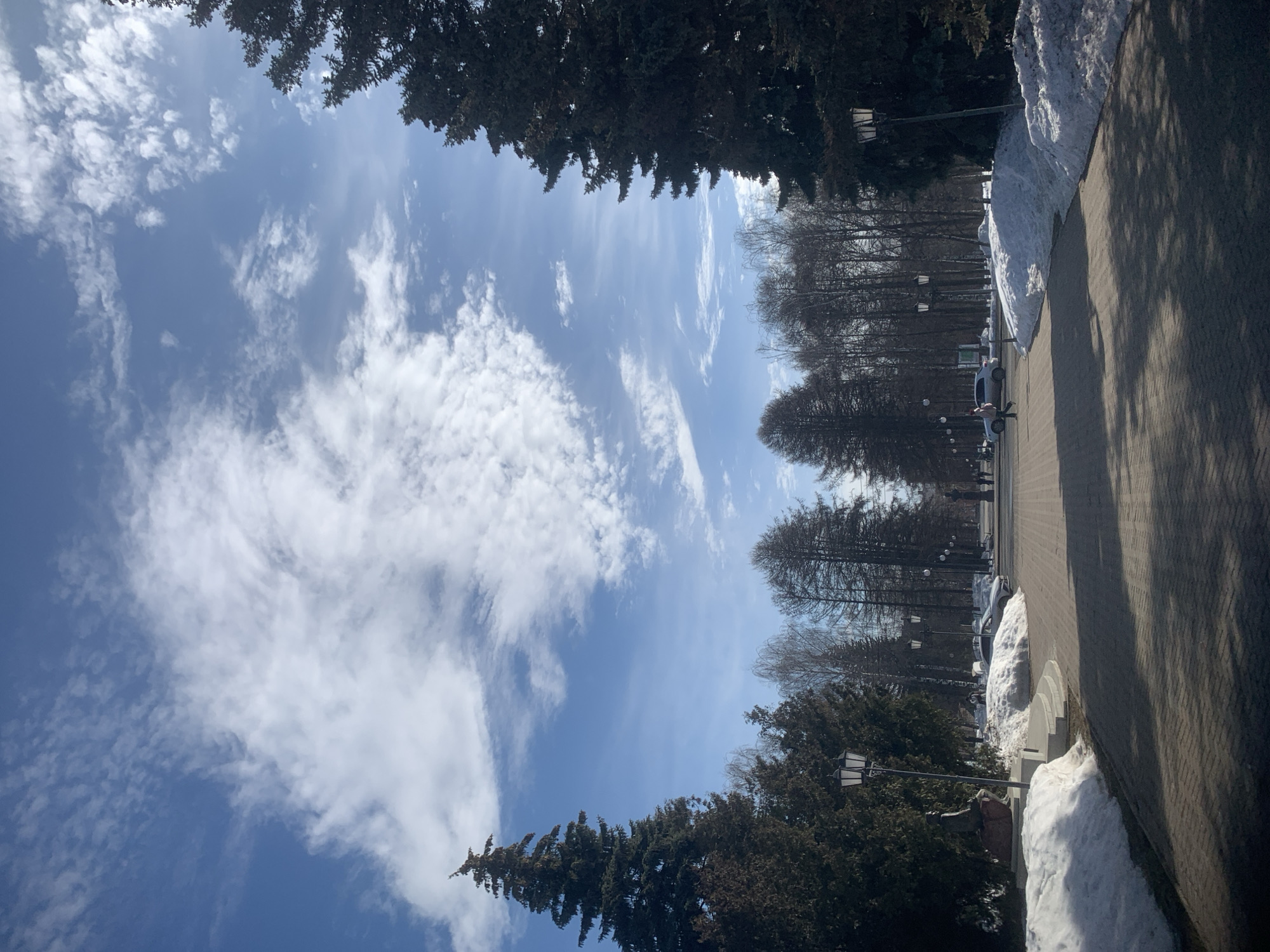 The scene depicts a wide, paved pedestrian pathway in a park or public square within the Central Square area of Izhevsk, Russia, likely near the Izhevsk Pond. The time is daytime, characterized by a bright blue sky with scattered cirrus and stratocumulus clouds. Sunlight casts long shadows on the pathway, indicating a low to mid-angle sun.
The pathway, constructed of light-colored pavers, extends into the distance, flanked by trees and snowdrifts. On the left foreground, several large, dark green coniferous trees (spruce or fir) stand alongside bare deciduous trees. A multi-lamp, dark-colored lamppost is positioned on this side. Further left, a statue or monument with a dark base and a figure (details obscured by snow and distance) is visible, partially surrounded by a mound of snow on a raised concrete platform.
On the right foreground, a very large, dark green coniferous tree dominates the frame, with another multi-lamp lamppost positioned beneath it. Along both sides of the pathway, significant piles of melting or compacted snow are present, indicating a late winter or early spring environment.
In the mid-distance, a line of bare deciduous trees forms a corridor effect along the path, with additional evergreen trees further back. A light-colored sedan (possibly silver or white) is visible on the right side of the pathway, either parked or moving slowly. One individual, dressed in light clothing and a hat, is seen walking from left to right across the paved area in the mid-distance, near the sedan. Other figures are discernible as silhouettes further down the pathway, suggesting moderate pedestrian presence.
