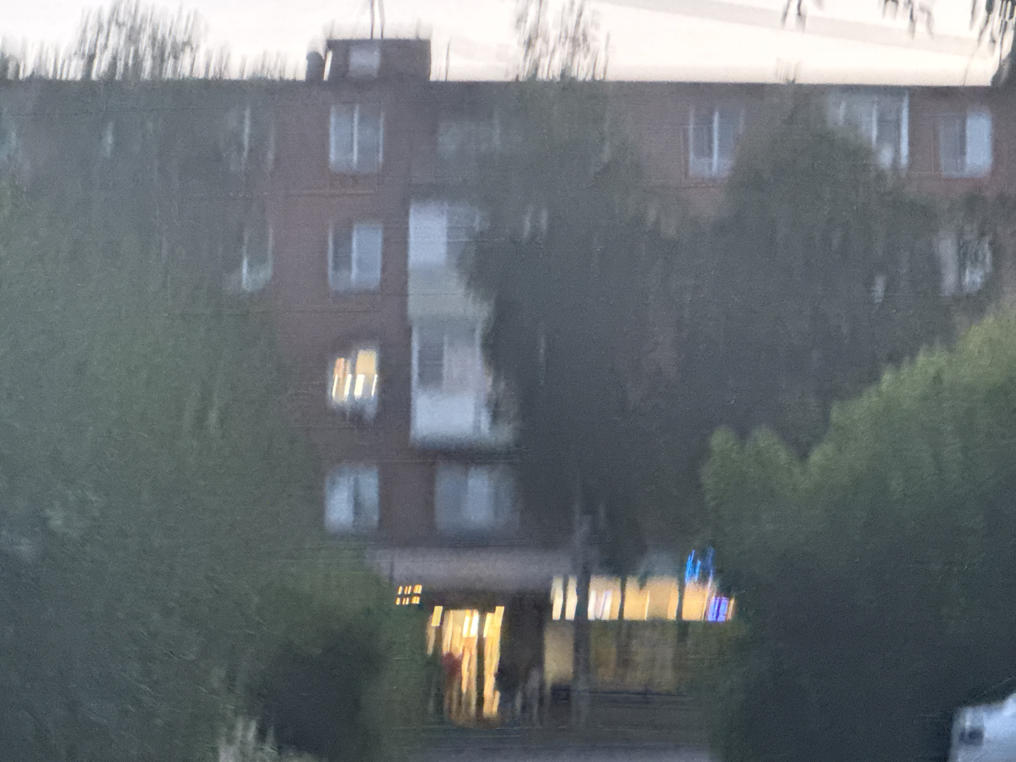 The image shows a blurry, out-of-focus view of a multi-story apartment building in Гожули, Ukraine. Trees are visible in the foreground and partially obscure the building. The sky is overcast. The building appears to have numerous windows, some of which are lit from within, suggesting interior lighting. The lower portion of the building shows what looks like storefronts or entrances with bright, yellow and blue illuminated signs and figures that appear to be people walking inside or in front of the illuminated areas. The overall impression is of a residential and commercial building at dusk or during the evening.