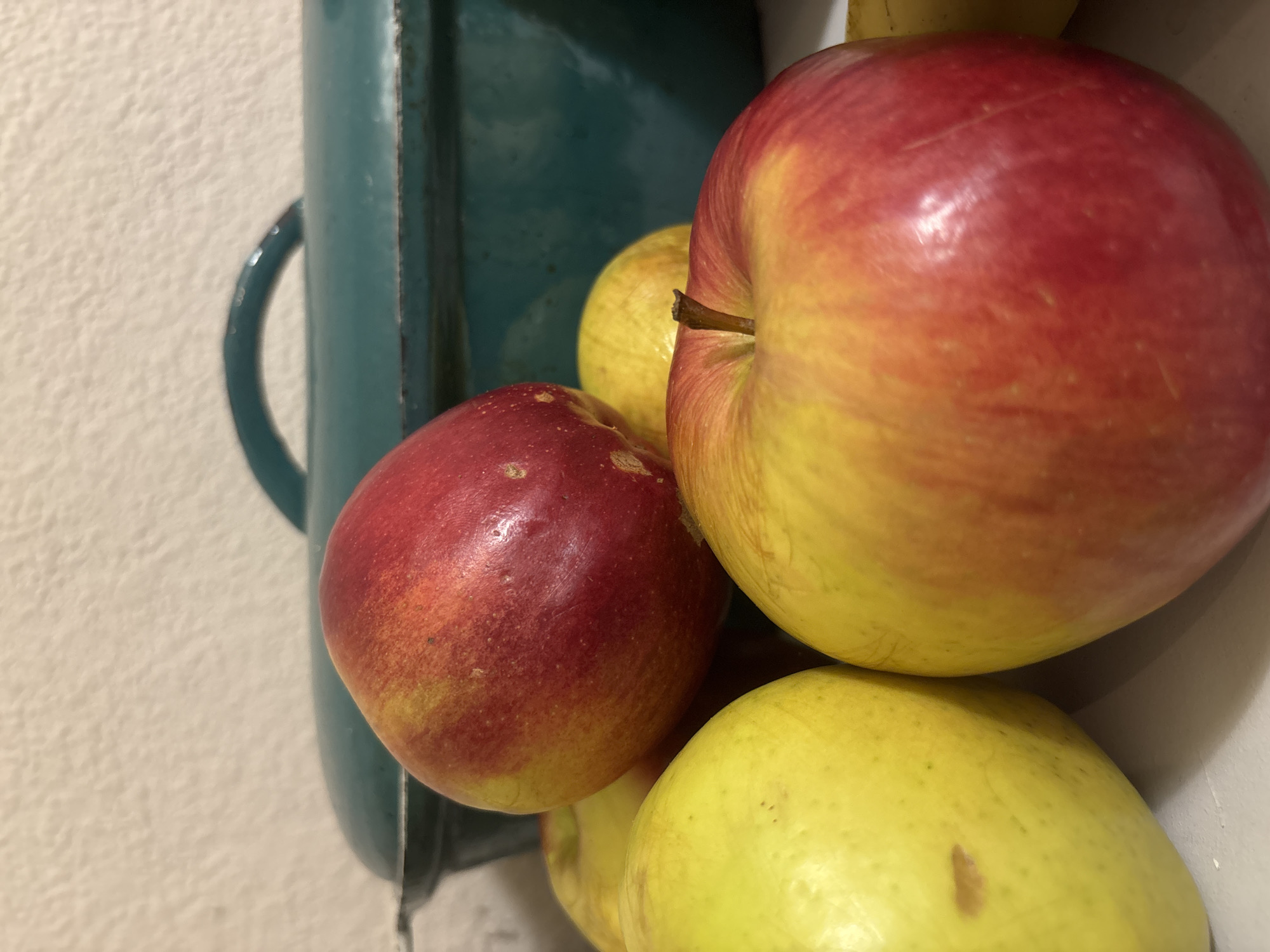 A close-up, low-angle shot shows a pile of apples in front of a teal Dutch oven. The apples are mostly red and yellow, with some green ones visible. The Dutch oven is dark teal and appears to be made of cast iron. The background is a textured, off-white wall. The scene is lit from above and to the left, casting soft shadows. There are no people or animals visible in the image. This image does not provide any information about the location in the city of Svkh Maslovskiy 1 Otdeleniye, Russia.