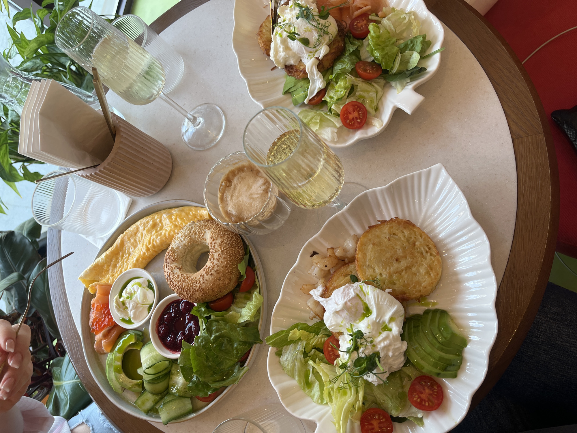 An overhead shot shows a table set for brunch, with two plates of food, drinks, and cutlery. On the left plate, there is a bagel, a folded omelet, sliced avocado, cucumber slices, lettuce, smoked salmon, roe, jam, and a dollop of cream cheese with chives. On the right plate, there is a salad with lettuce and cherry tomatoes, a poached egg, fried shrimp, a potato pancake, and smoked salmon. Two glasses of white wine and a cup of coffee are also visible. The setting appears to be a restaurant or cafe, with plants and decorative elements in the background.