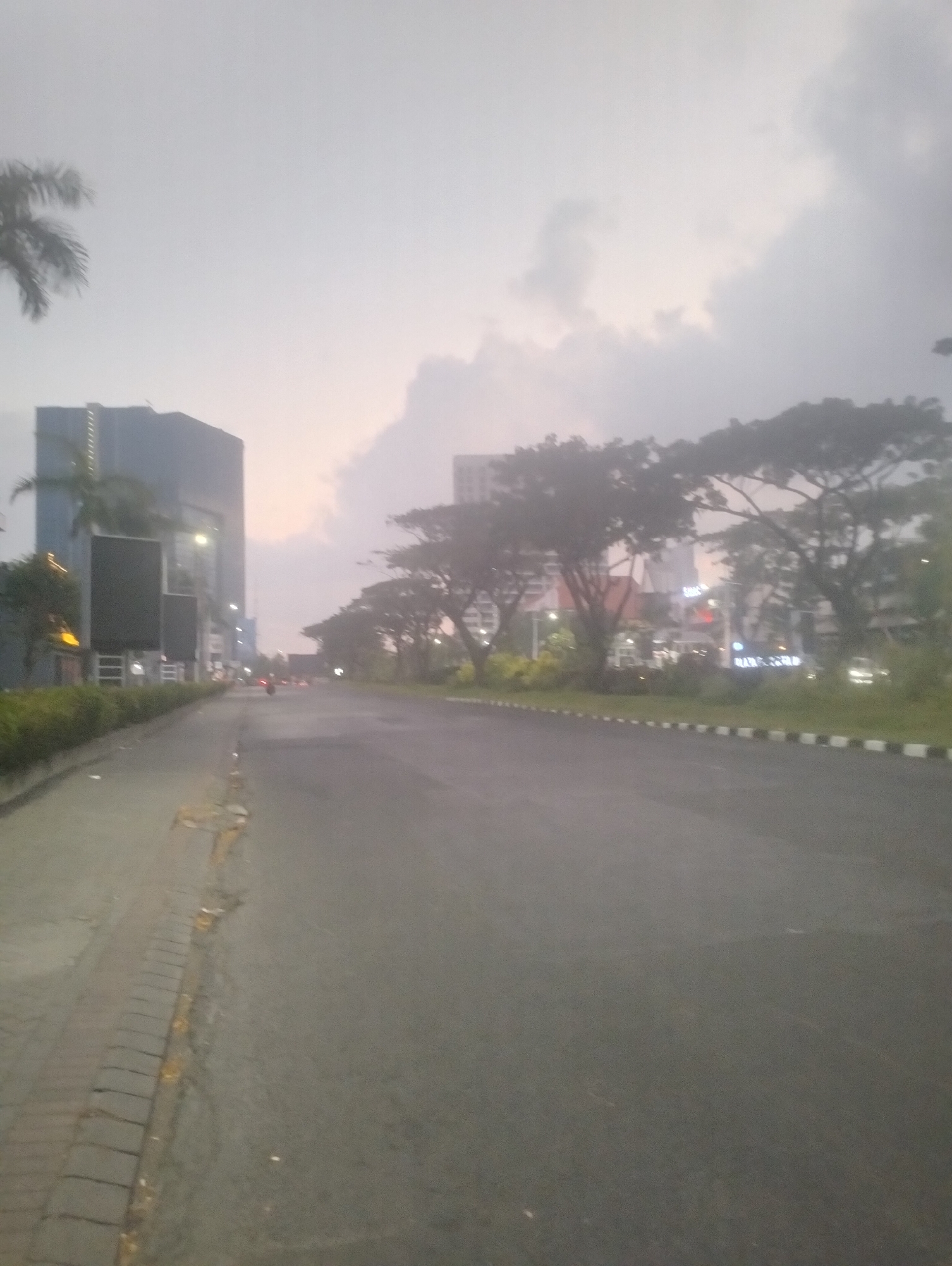 The image shows a street scene in Surabaya, Indonesia, likely during dusk or dawn, as indicated by the overcast sky and muted lighting. On the left side of the road, a modern, dark-colored building with glass windows and illuminated lights stands prominently. Adjacent to the building is a sidewalk with brick paving and some vegetation. A palm tree is visible near the top left of the frame.
The road itself is asphalt and appears wet in places, with some debris and a distinct yellow line marking the edge of the sidewalk. Several trees with sprawling branches line the right side of the road, creating a canopy effect. In the distance, more buildings and streetlights are visible, some with glowing signs. There are faint lights of vehicles on the road, suggesting moderate traffic. The overall atmosphere is calm and somewhat hazy.