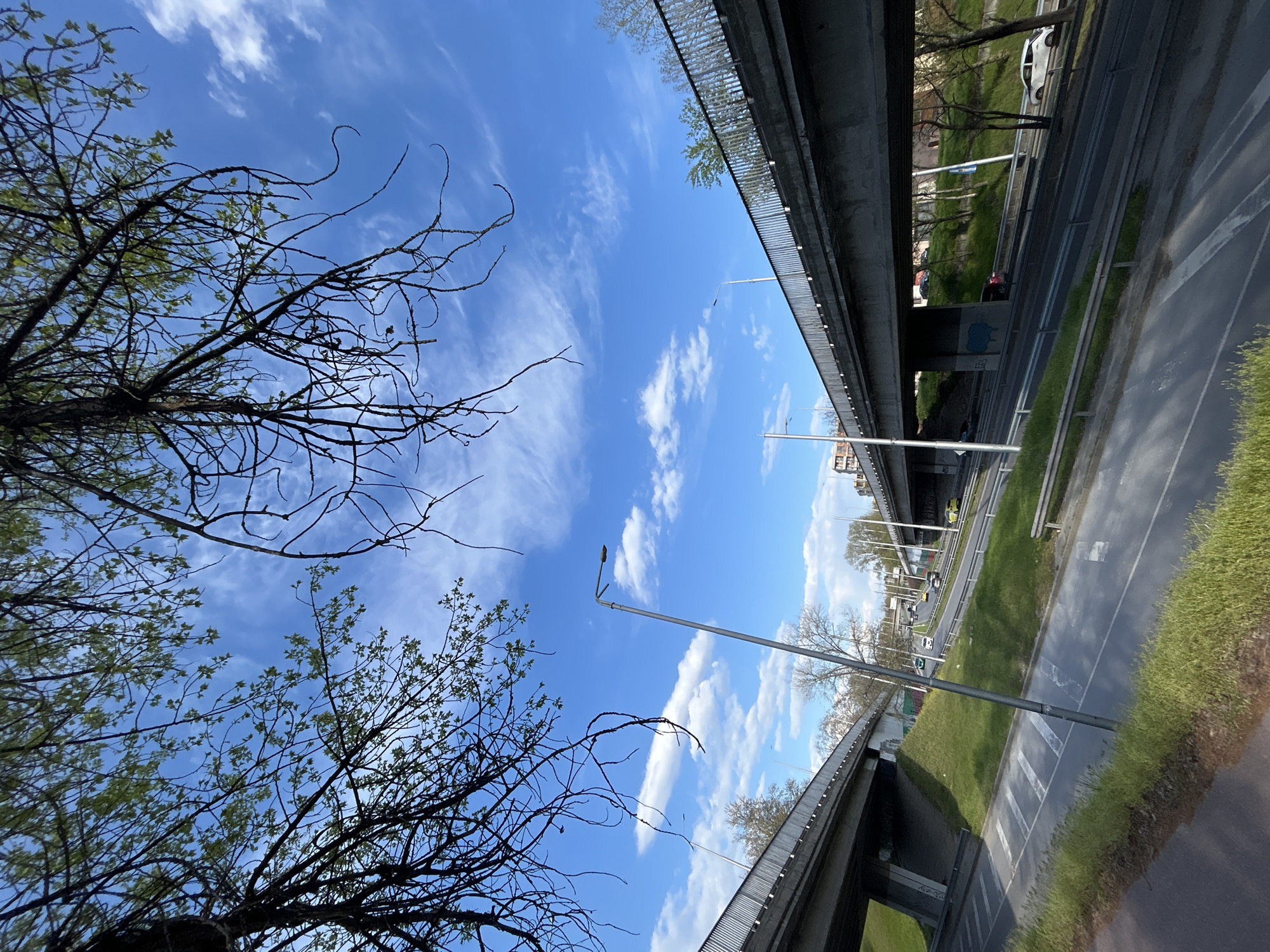 The image shows a perspective looking upwards in Plovdiv, Bulgaria. Two concrete overpasses frame the top and bottom of the frame, revealing a section of a multi-lane highway and a glimpse of buildings and parked vehicles. The sky is blue with scattered white clouds. In the bottom left corner, tree branches are visible, some with newly emerging leaves. There are street lights rising toward the sky.