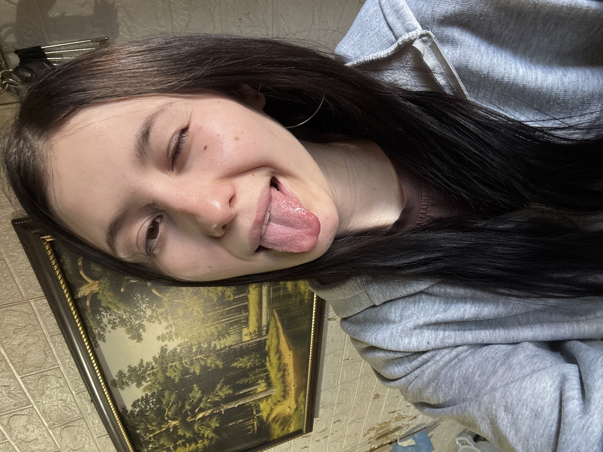 A young person is captured in a close-up selfie, making a playful expression indoors. They have long, dark brown hair and fair skin. Their left eye is winked shut, and their tongue is playfully sticking out. They are wearing a light grey hooded sweatshirt over a brown t-shirt, and a thin silver hoop earring is visible in their right ear. A small mole is noticeable near their right temple.
The background features a textured wall, possibly tiled or bricked, in a light beige or off-white color. A framed landscape painting hangs on the wall, depicting green trees and water, set in a dark brown frame with a gold twisted trim. Above the person's head, part of a metal rack or hanger with black straps is visible. The lighting on the person's face suggests a bright, possibly natural light source, indicating it is likely daytime. The overall mood conveyed by the person's expression is one of silliness and cheerfulness. No text is visible in the image. The specified location context is Фоки, Russia, although this is not discernible from the visual information alone.