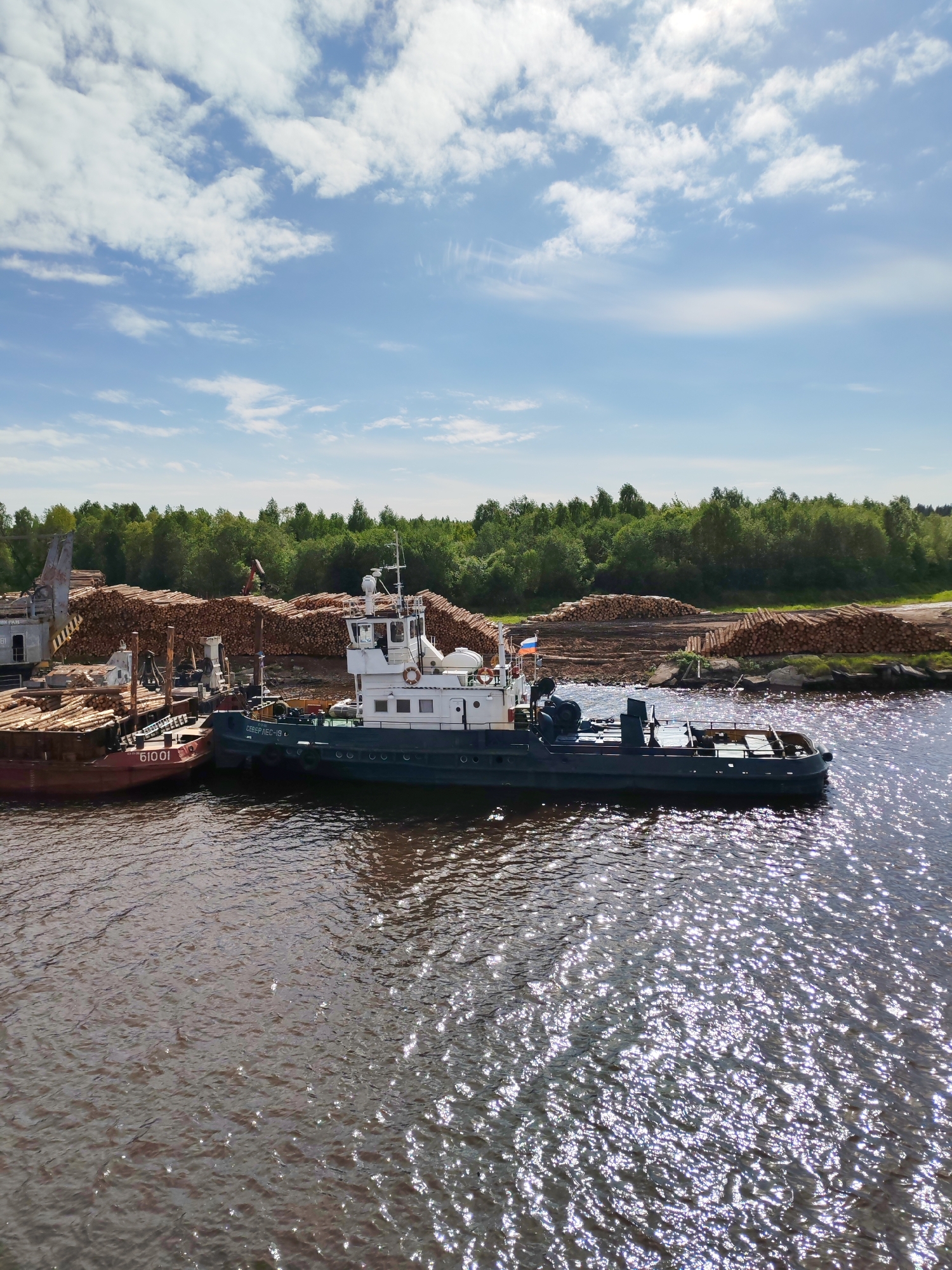 A tugboat, identified as "CEBEP JIEC-19 L," sits beside a barge in a body of water. A person stands on the tugboat's deck. Piles of logs are visible on the adjacent shoreline, with trees forming a treeline in the background. The water surface reflects sunlight. The sky is blue with scattered clouds. The location is in the city of Unknown, Unknown.