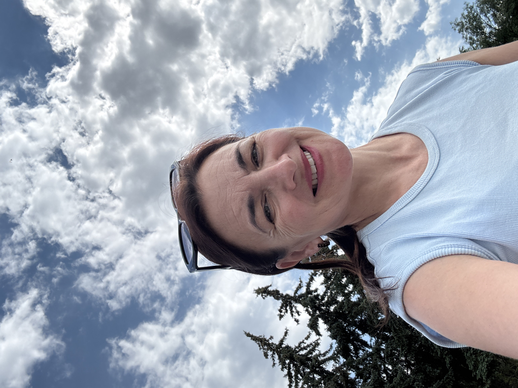 This is a media file featuring a selfie of a woman taken outdoors. The woman, who appears to be middle-aged with brown hair, is smiling and looking towards the camera. She is wearing a light blue, ribbed t-shirt and dark-rimmed glasses pushed up on her head. The lower portion of her face and upper chest are visible.
The background of the image is dominated by a sky filled with dramatic, white cumulus clouds against a bright blue sky. The time of day appears to be daytime, likely late morning or afternoon, given the brightness and the presence of shadows. The weather seems pleasant, with a mix of sun and clouds. In the lower part of the frame, the dark green needles of a coniferous tree are visible, suggesting a natural or park-like setting.
The image is oriented vertically and rotated, giving a unique perspective. The woman's expression conveys happiness and a relaxed mood. There are no visible text elements in the media file. The location context provided is Ufa, Russia, which is consistent with an outdoor setting featuring a sky and trees.