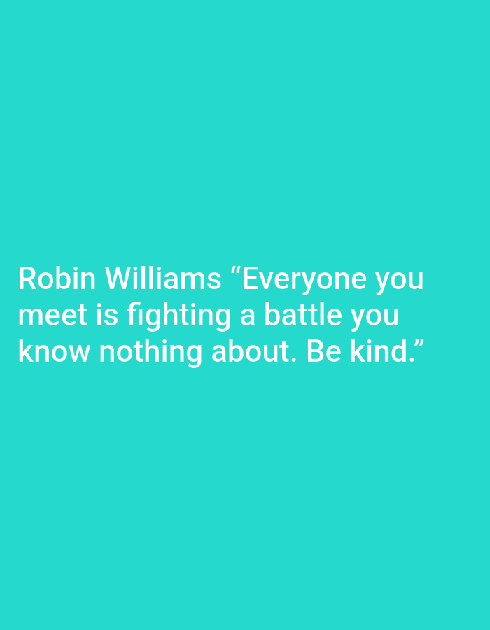 The image is a quote from Robin Williams on a teal background. The quote reads: "Robin Williams "Everyone you meet is fighting a battle you know nothing about. Be kind." There is no information about the city of Ramraj, India in this image.