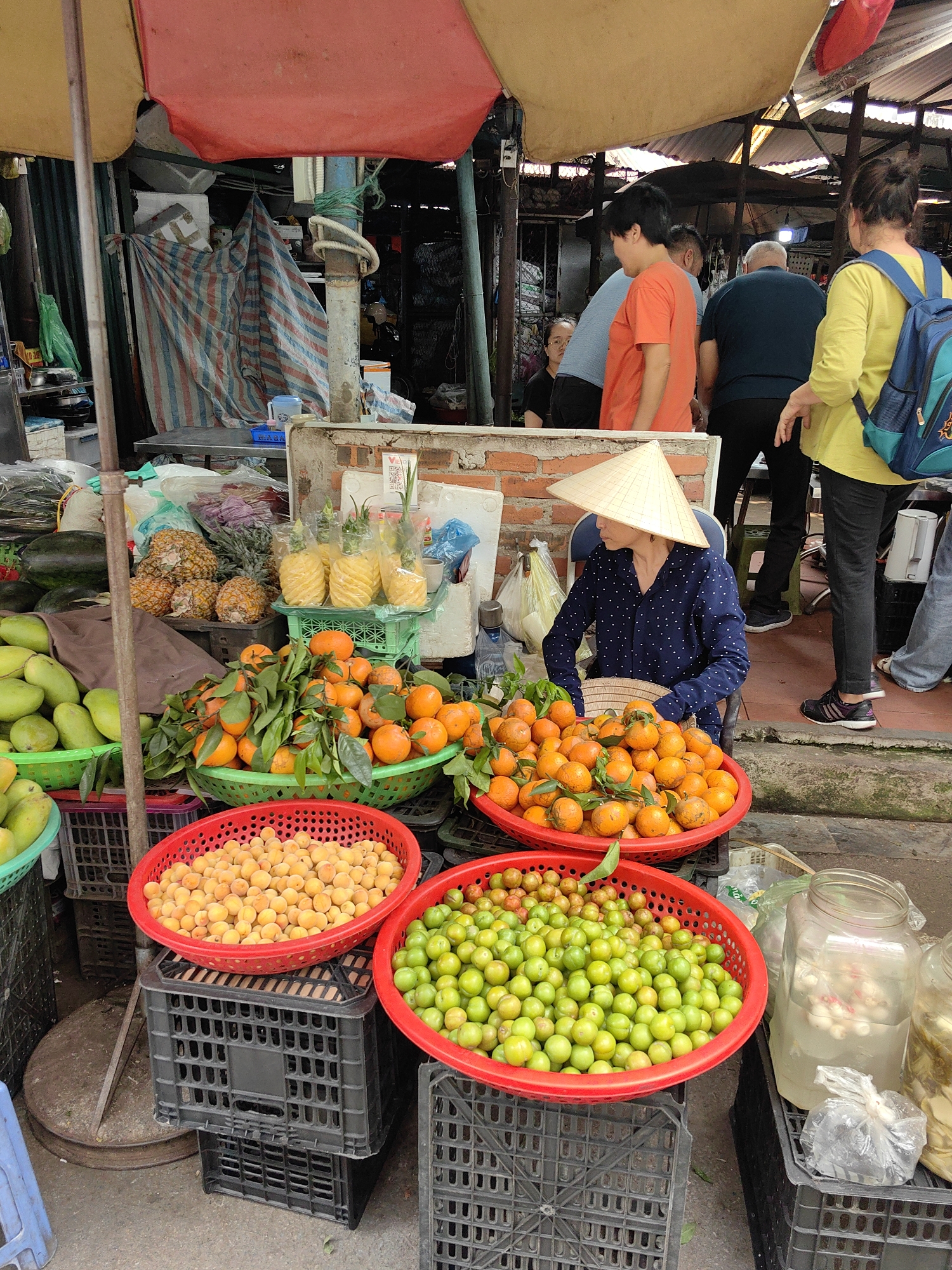 The image captures a vibrant fruit stand in Hong Gai Ward, Vietnam. A woman wearing a conical hat sits behind a display of fresh fruits, including oranges, mangoes, pineapples, and what appears to be small yellow and green plums in red plastic baskets. The fruits are arranged on stacked black plastic crates. Behind her, people are browsing the market. In the foreground, there are large glass jars filled with pickled fruits. The stand is partially covered by awnings, creating a shaded area for the vendor and the produce. The overall setting suggests a bustling outdoor market scene.