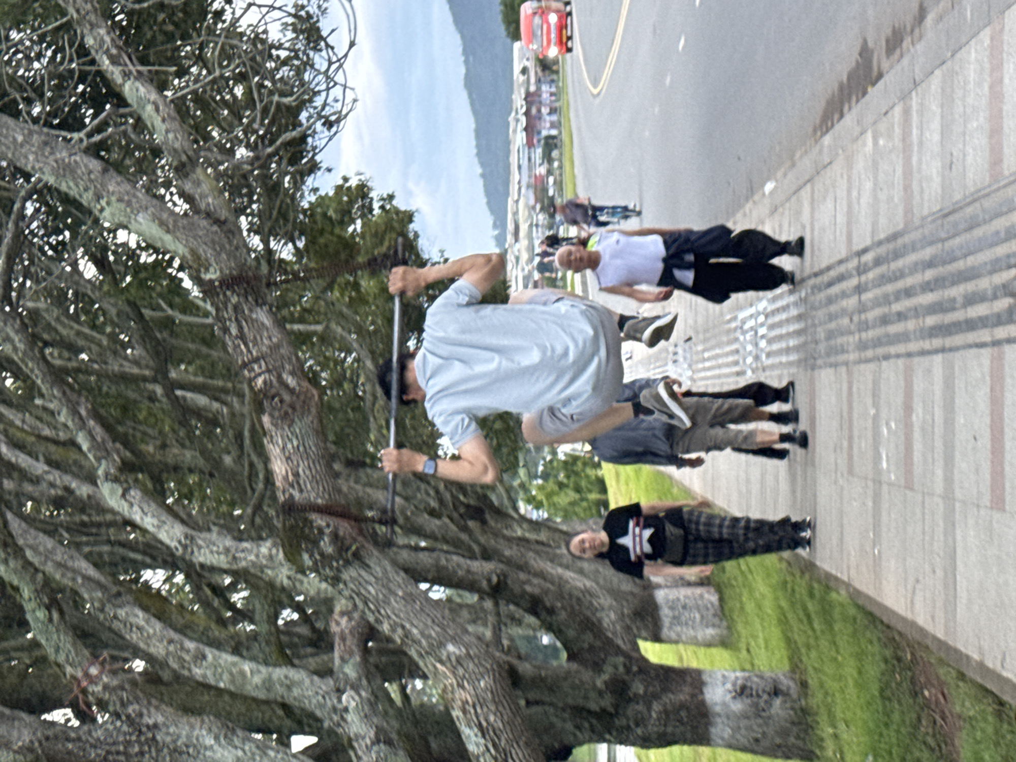 A man is performing a pull-up on a horizontal bar set up outdoors, possibly in a park or along a street, in Da Lat, Vietnam. He is suspended mid-air, with his body bent at the knees. He is wearing a light blue t-shirt and grey shorts. Several other people are visible in the background on a sidewalk adjacent to a road. To the left, a woman in a black t-shirt with a white star design and checkered pants walks away from the camera. Behind her, a person in a grey hoodie and shorts walks in the same direction. Further down the sidewalk, a man wearing a white tank top and black pants is seen walking towards the camera. On the road, a red van is visible in the distance, and a person is riding a bicycle. The scene is framed by large trees with thick branches and the sky is overcast. The sidewalk is paved with grey tiles and has tactile paving for visually impaired pedestrians. The environment suggests a public space in Da Lat, a city known for its pleasant climate and lush greenery.