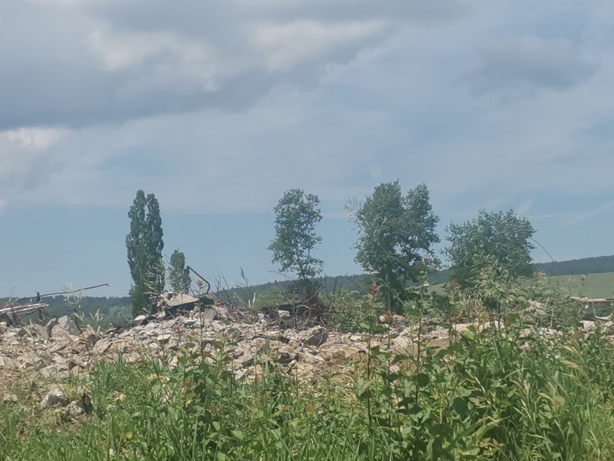 This outdoor photograph depicts a landscape in Zhivkovo, Bulgaria, centered around a large pile of rubble and debris. In the immediate foreground, lush green grass and various leafy plants thrive, partially obscuring the base of the mound. The midground is dominated by this substantial heap of broken concrete, rocks, and what appears to be discarded construction materials or remnants of a demolished structure, with some twisted metal visible within the jumble.
Several trees with green foliage are scattered across the scene. A tall, slender tree stands prominently to the left of the rubble pile, while other broader, shorter trees are positioned further back and to the right, amidst or behind the debris. The background reveals gently rolling hills or distant land, covered in a continuous expanse of green vegetation.
The sky above is partly cloudy, featuring various shades of grey and white clouds interspersed with patches of light blue, indicating that the photo was taken during the day. The lighting is bright and clear. There are no people visible, nor any discernable text in the image. The scene presents a visual juxtaposition of man-made remnants and the encroaching natural environment in a rural or semi-rural setting.