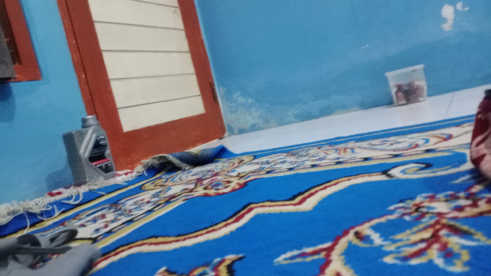 A low-angle, blurry, full shot captures a corner of an interior room. The walls are painted a vibrant blue, with some discoloration and peeling in the upper right corner. A wooden door with red trim and white louvers is visible on the left. A blue carpet with a red, white, and gold floral pattern covers the floor. On the carpet, near the door, sits a gray bottle of liquid with black and red labeling. Further to the right, on a white tiled floor, is a clear plastic container with red items inside. The scene appears to be a domestic setting in Denpasar, Indonesia.
