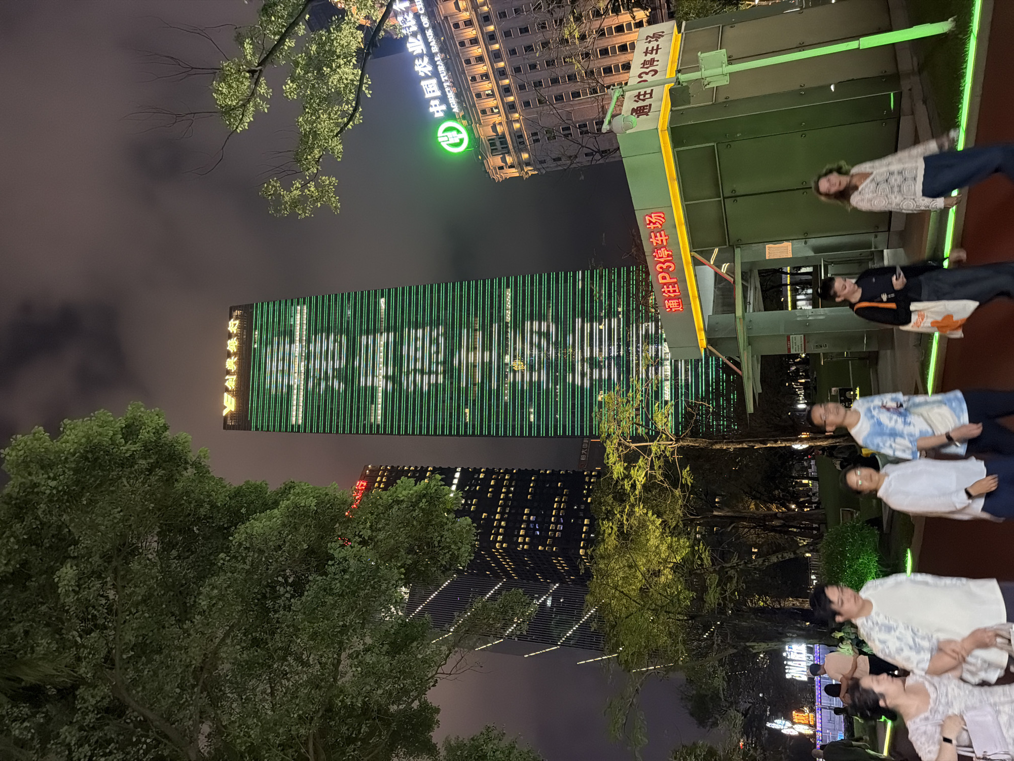 This image captures a nighttime urban scene, likely in Tianhe District, China, featuring modern architecture, illuminated trees, and pedestrians.
In the foreground and midground, several large trees with green foliage are visible, illuminated from below, suggesting a park or landscaped area. To the right, a group of casually dressed people are seen walking or standing. Their faces are somewhat obscured or blurred, but they appear to be engaging in typical evening activities in a public space. One woman wears a white lacy top and jeans, another a white long-sleeved shirt.
The background is dominated by tall, illuminated buildings under a dark night sky. A prominent skyscraper features vertical green LED strips along its facade, creating a dynamic visual effect. Another building, to the left, displays a large, glowing green circular logo and text. Visible text on this building identifies it as "中国农业银行" (Agricultural Bank of China), with partial English text "AGRICULTURAL BANK OF CHI" also present. Another building shows lit windows, and the OCR mentions "創興銀行" (Chong Hing Bank) and "租大中刺," indicating other businesses nearby.
A noticeable green structure with a yellow-bordered sign is situated in the midground. The sign clearly displays "通往P3停车场" (To P3 Parking Lot), directing to a parking facility. The time of day is definitively night, evidenced by the dark sky and extensive artificial lighting from buildings and signs. The atmosphere is that of a lively city nightscape, blending natural elements with contemporary urban development.