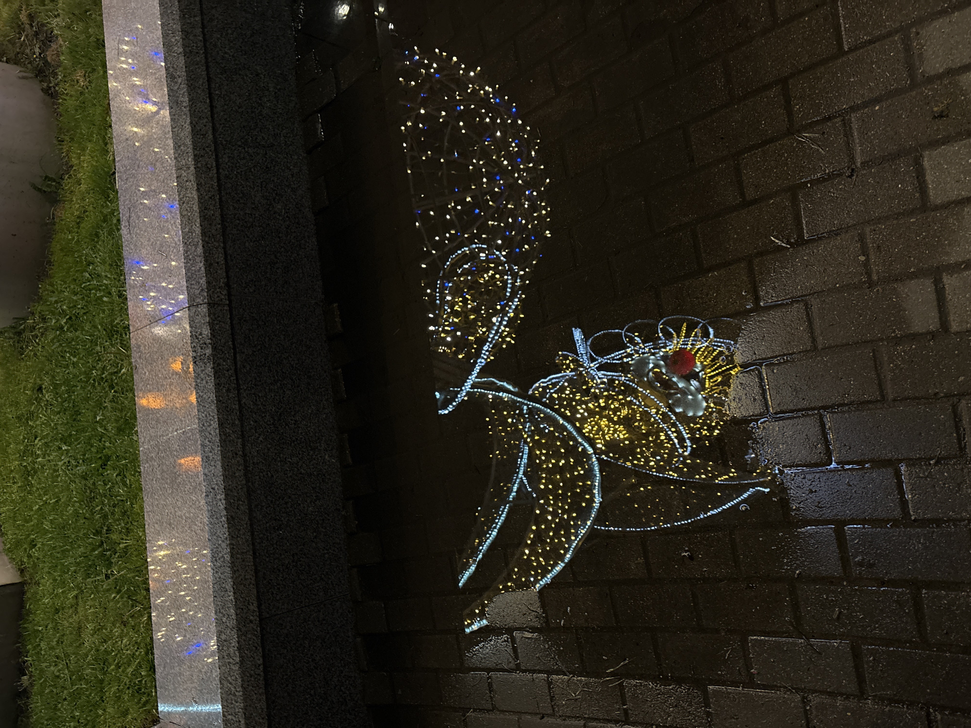 The image shows a wet brick sidewalk, likely in Minsk, Belarus, reflecting a holiday light display. The display appears to depict an angel-like figure with wings and a basket, outlined in white and yellow lights. The sidewalk is dark and damp, with visible brick patterns. To the left, a gray stone structure borders the sidewalk, adjacent to a patch of green grass. The overall scene suggests an urban environment at night during the holiday season.