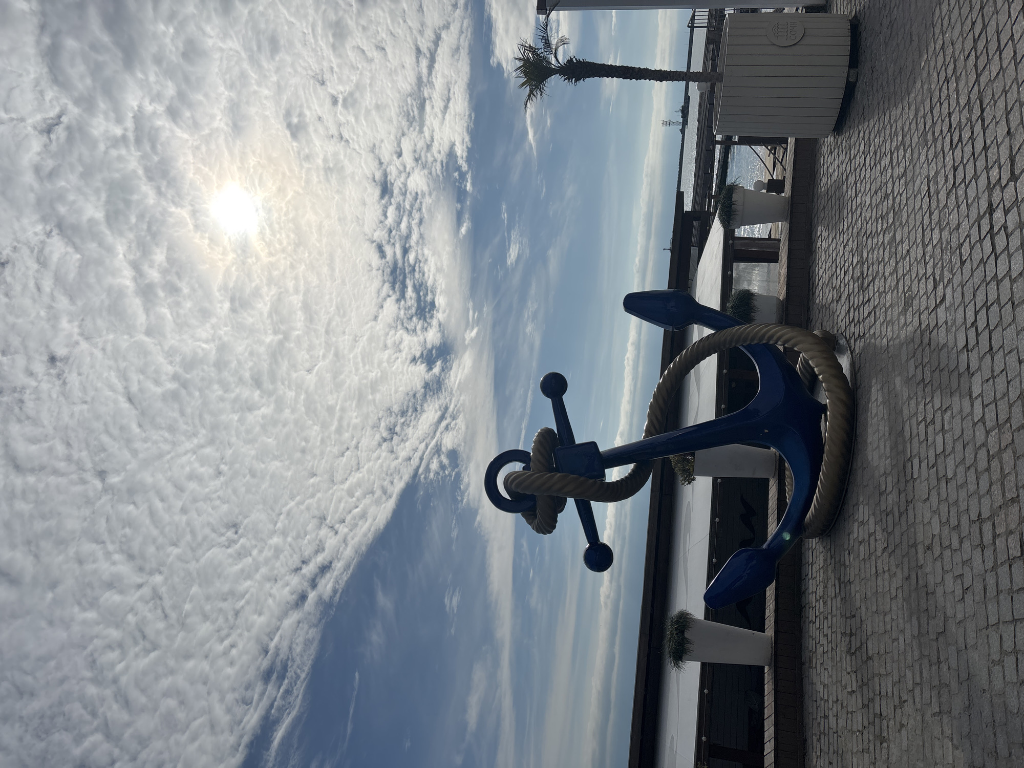 The image shows a large blue anchor wrapped with rope sitting on a stone-paved surface. In the background, there's a palm tree, a body of water, and a partly cloudy sky with the sun shining through. A white planter box with the inscription "SOCHI" can be seen as well.