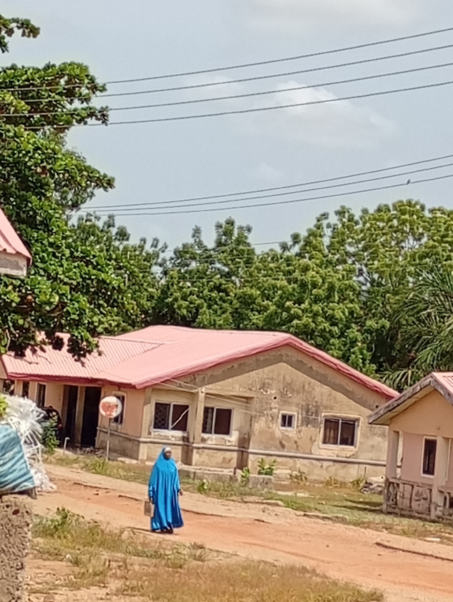 The image shows a woman in a bright blue robe walking along a dirt road in front of a modest house with a pink roof. The house is a one-story structure with visible wear and tear on the exterior walls. The surrounding environment includes green trees and a few other buildings. Overhead, power lines stretch across the sky, which is lightly clouded. The location appears to be a rural or suburban area of Unknown, Unknown.