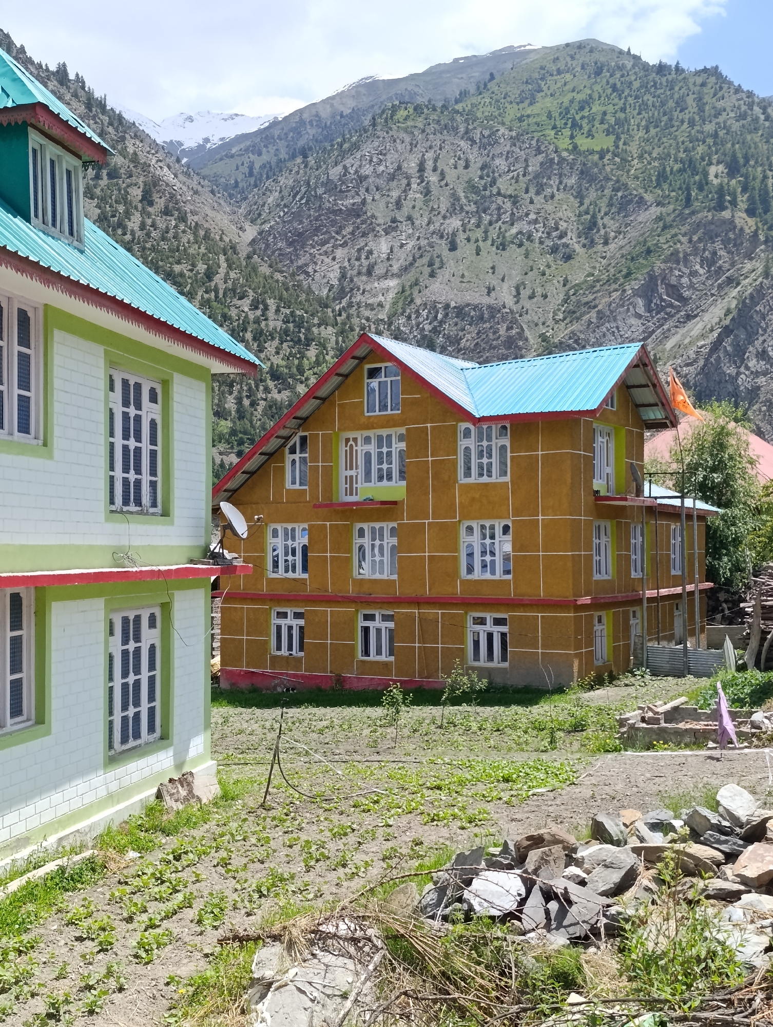 The image depicts two multi-story buildings with brightly colored roofs situated in a mountainous region. The building on the left is painted white with green trim and a turquoise roof. The building on the right is ochre yellow with red trim and a turquoise roof. Both buildings have numerous windows with white frames. A satellite dish is visible on the left side of the ochre building. The foreground shows a garden area with rows of small plants and scattered rocks. In the background, steep, rocky mountains covered in sparse vegetation rise towards a cloudy sky. The scene appears to be in Kishorl, India, a village in the Kinnaur district of Himachal Pradesh, known for its stunning Himalayan landscapes. There are no people visible in the image.