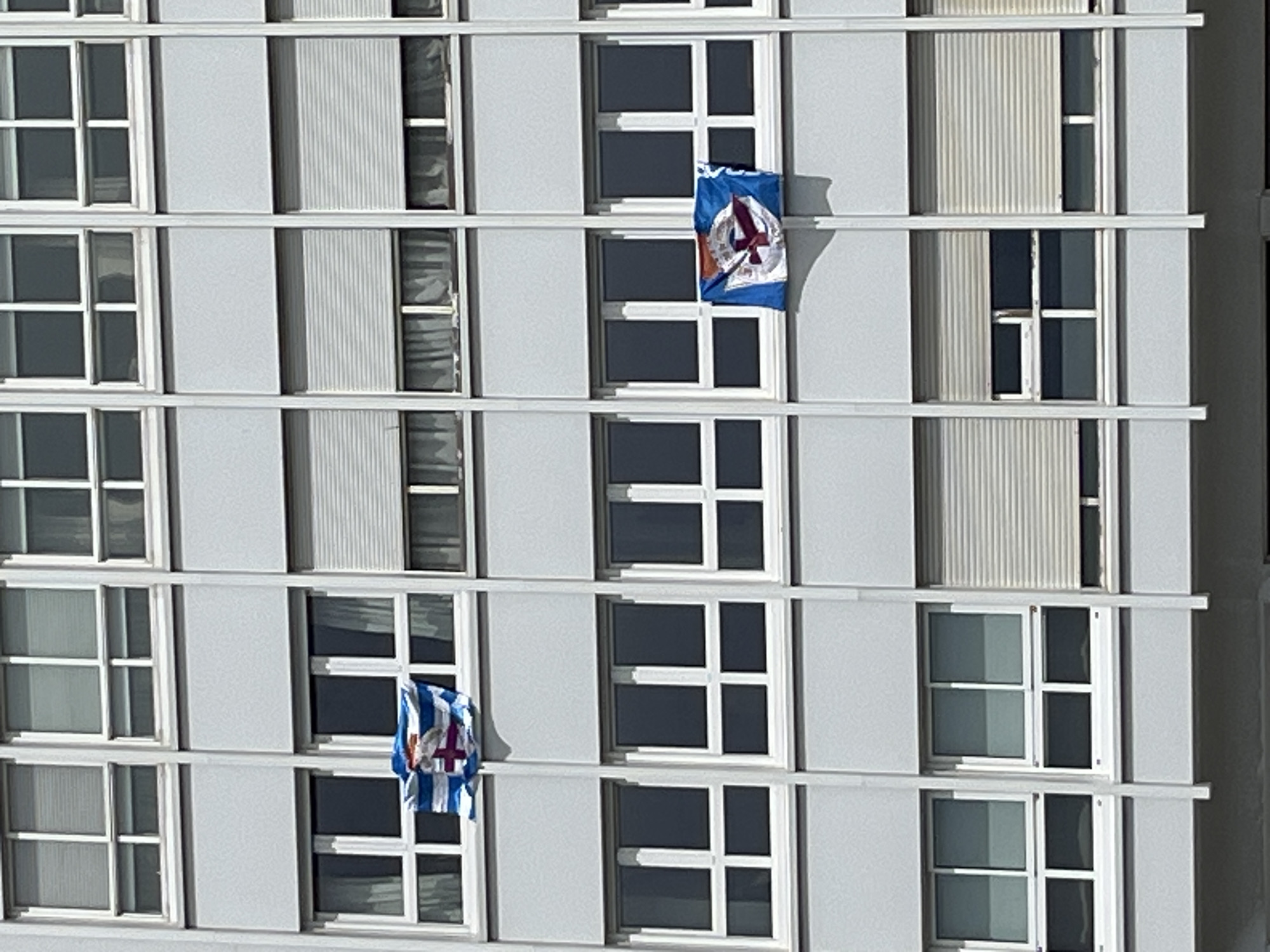 The image shows a section of a modern, high-rise apartment building in A Coruña, Spain. The exterior facade is predominantly light gray with a grid pattern of windows and alternating vertical panels. Two flags are hanging from different windows. One flag, higher up, features a predominantly blue background with a red and white emblem. The second flag, lower down, is a white and blue striped flag with a red and white emblem. The windows appear to be made of white frames with tinted glass. No people are visible in the image. The overall environment seems to be a sunny, urban area.