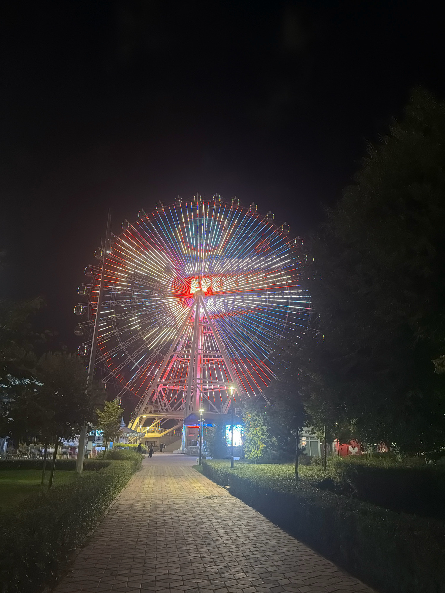 A large Ferris wheel is illuminated with red, white, and blue lights against a dark night sky. The Ferris wheel is the central subject and is located in an amusement park. A paved pathway, made of interlocking bricks, leads towards the Ferris wheel. Lush green bushes and trees line the pathway and the surrounding area, indicating a park-like setting. The park appears to be situated in the city of Astana, Kazakhstan, as suggested by the presence of the Ferris wheel, which is a prominent landmark in Astana, often referred to as the "Astana Wheel" or "Alem." There are a few individuals visible in the background, walking along the pathway and near the entrance of the Ferris wheel, suggesting the park is open to the public. The overall scene depicts a nighttime view of an illuminated amusement park in Astana.