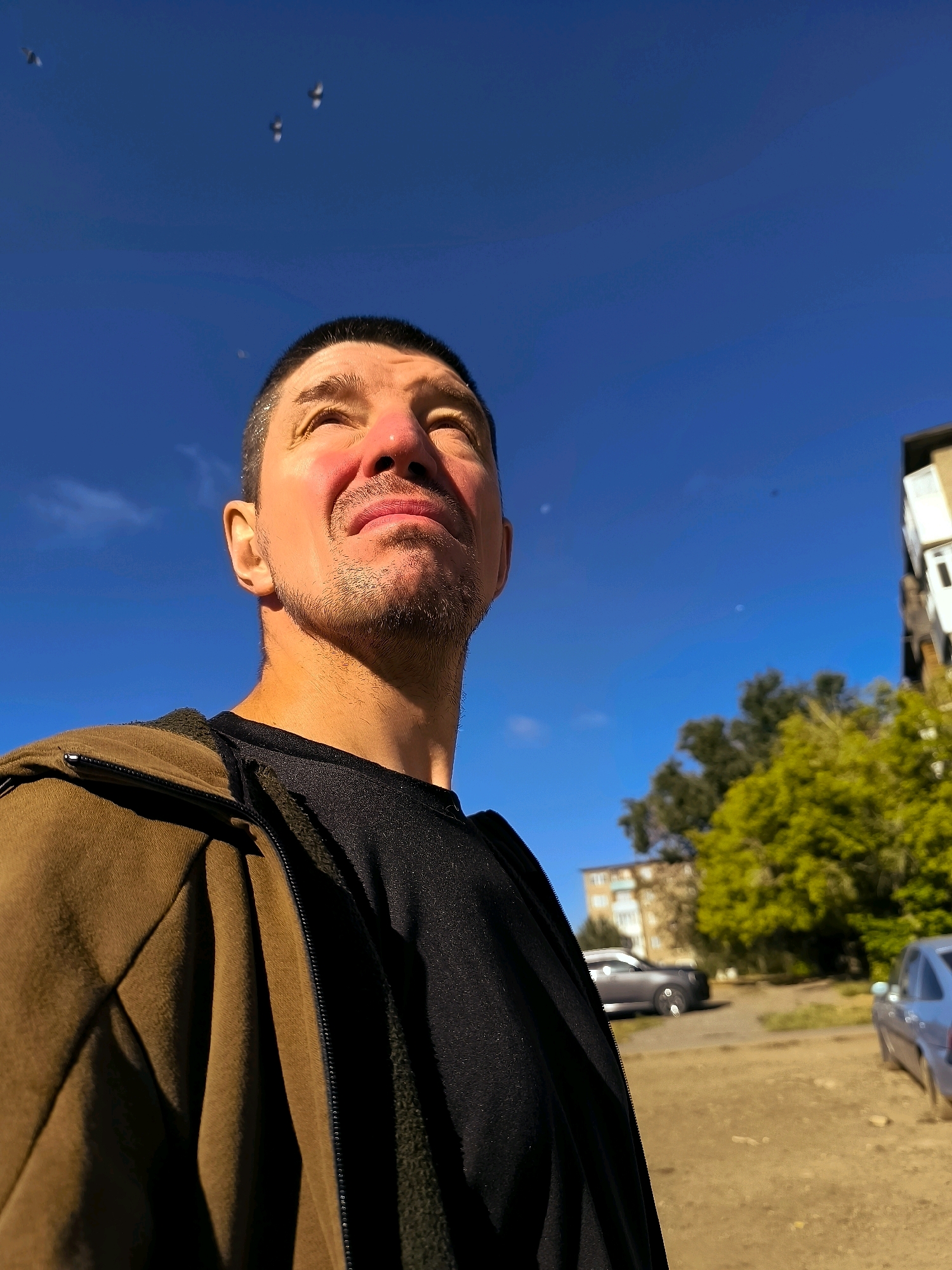 An outdoor, low-angle, medium shot captures a man looking upwards in Qarağandı city administration, Kazakhstan. The man, with short dark hair and stubble, wears a black t-shirt partially covered by an unzipped olive-green jacket. Sunlight illuminates his face and neck. In the background, the clear blue sky is visible with a few small white dots, possibly birds or distant aircraft. A building with balconies, lush green trees, and parked cars are also discernible in the mid-ground and background, suggesting an urban setting. The ground appears to be a dirt or gravel area. The lighting suggests it is daytime.