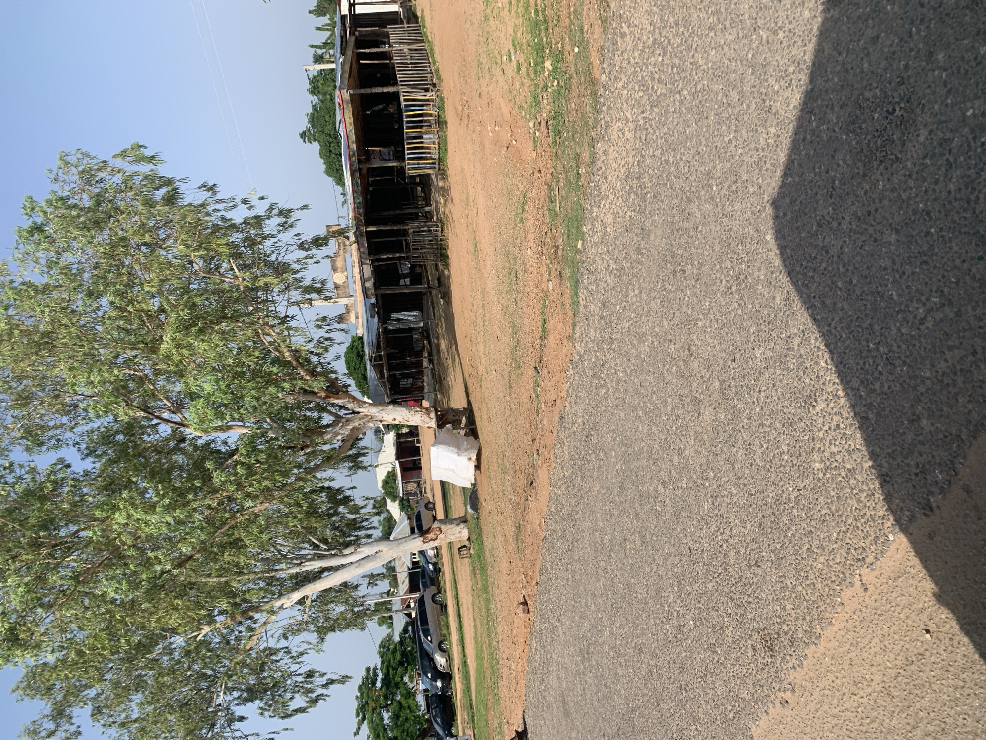 The image shows an outdoor scene with a dirt lot in the foreground, transitioning to an asphalt road. Beyond the dirt lot, there is a row of open-air structures with thatched roofs, appearing to be market stalls or small businesses. Several vehicles, including cars and a minivan, are parked on the dirt lot. Two large trees with sparse foliage are prominent in the middle ground, one of which has a white tarp draped over its base. The background consists of more buildings and trees under a clear blue sky. The scene suggests a commercial or communal area in a warm climate.