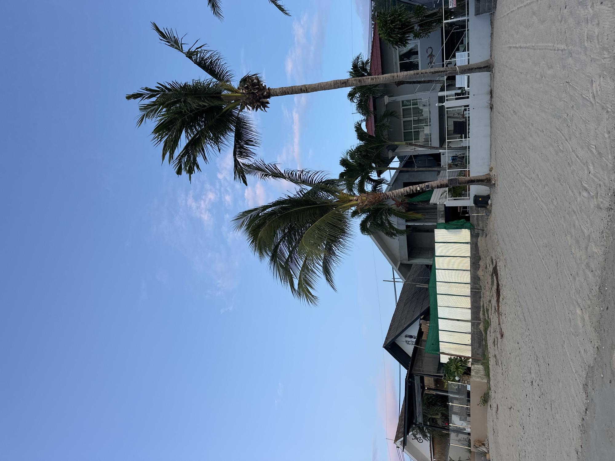 The image captures a scene on a sandy beach, likely in Ko Samui District, Thailand, given the presence of palm trees and tropical-style architecture. In the foreground, a wide expanse of sand slopes gently towards the viewer. Behind the sand, a row of buildings is visible, characterized by light-colored exteriors and dark-tiled roofs, some featuring thatched elements. Several palm trees, with their characteristic fronds, are scattered throughout the scene, with two prominent tall ones in the mid-ground. The sky above is a clear, pale blue with wisps of pink and white clouds, suggesting either early morning or late afternoon. The overall impression is of a coastal residential or resort area.