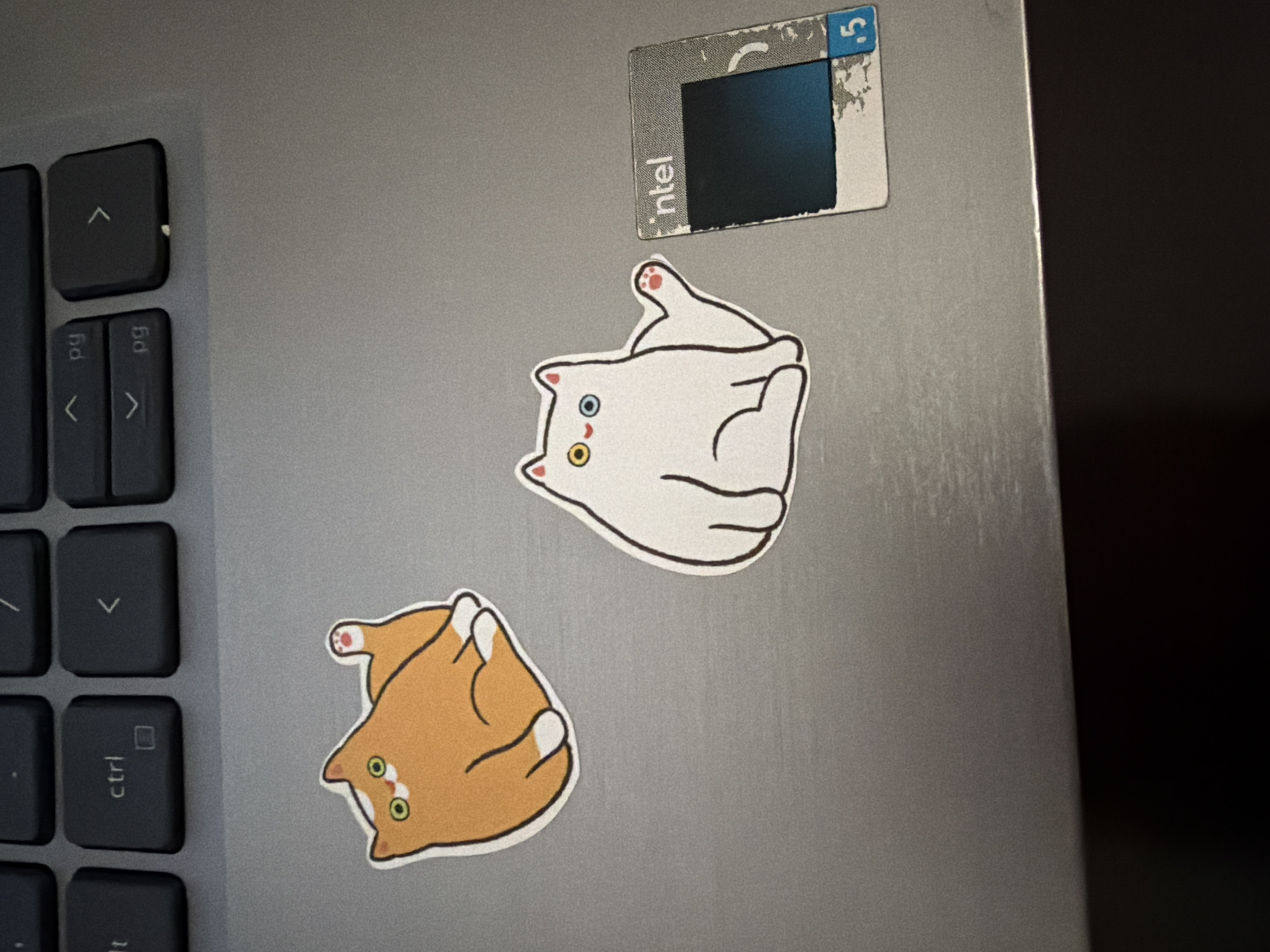 A close-up shot of a gray laptop surface featuring an Intel sticker in the upper right corner. Below the sticker, two cat stickers are present: one white with mismatched eye colors and the other orange. A portion of the laptop's keyboard is visible on the left side.