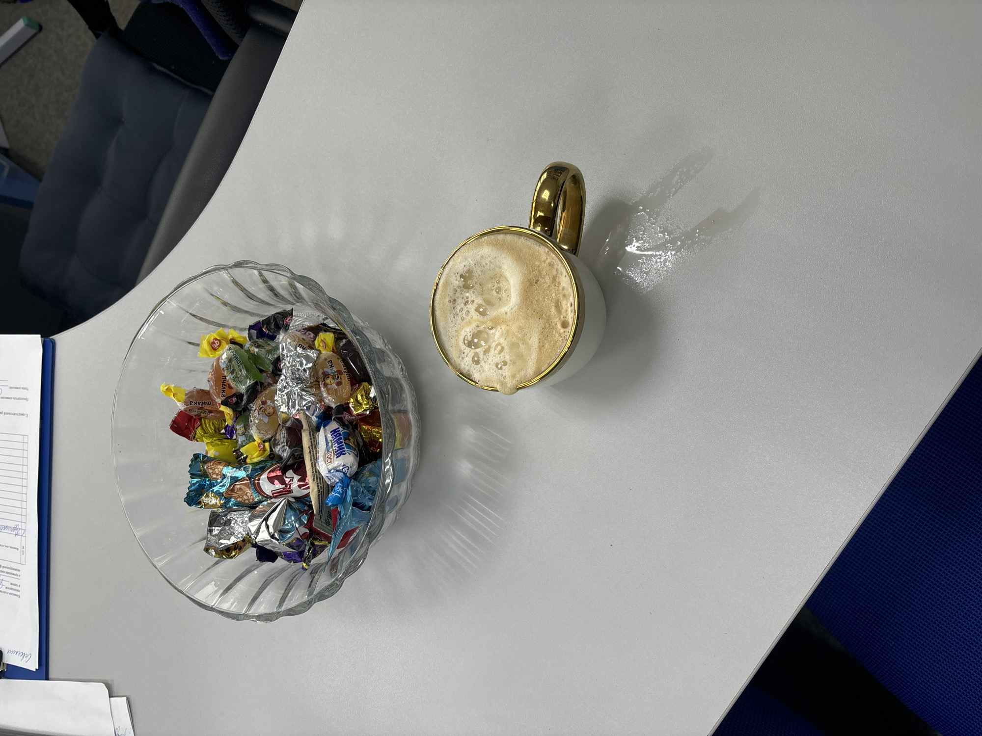 The image depicts a table in what appears to be an office or workspace setting. On the table, there is a glass bowl filled with various wrapped candies, and a mug filled with coffee or a similar beverage with froth or foam on top. There is also a small spill of the beverage near the mug. In the background, there is a chair partially visible. The table is white or light gray. There are also some papers and a blue clipboard near the edge of the image. Based on the candy wrappers, specifically "KPAKAK OCT", the city is most likely in Russia, though pinpointing it specifically to Chaikovsky is not possible without further information.